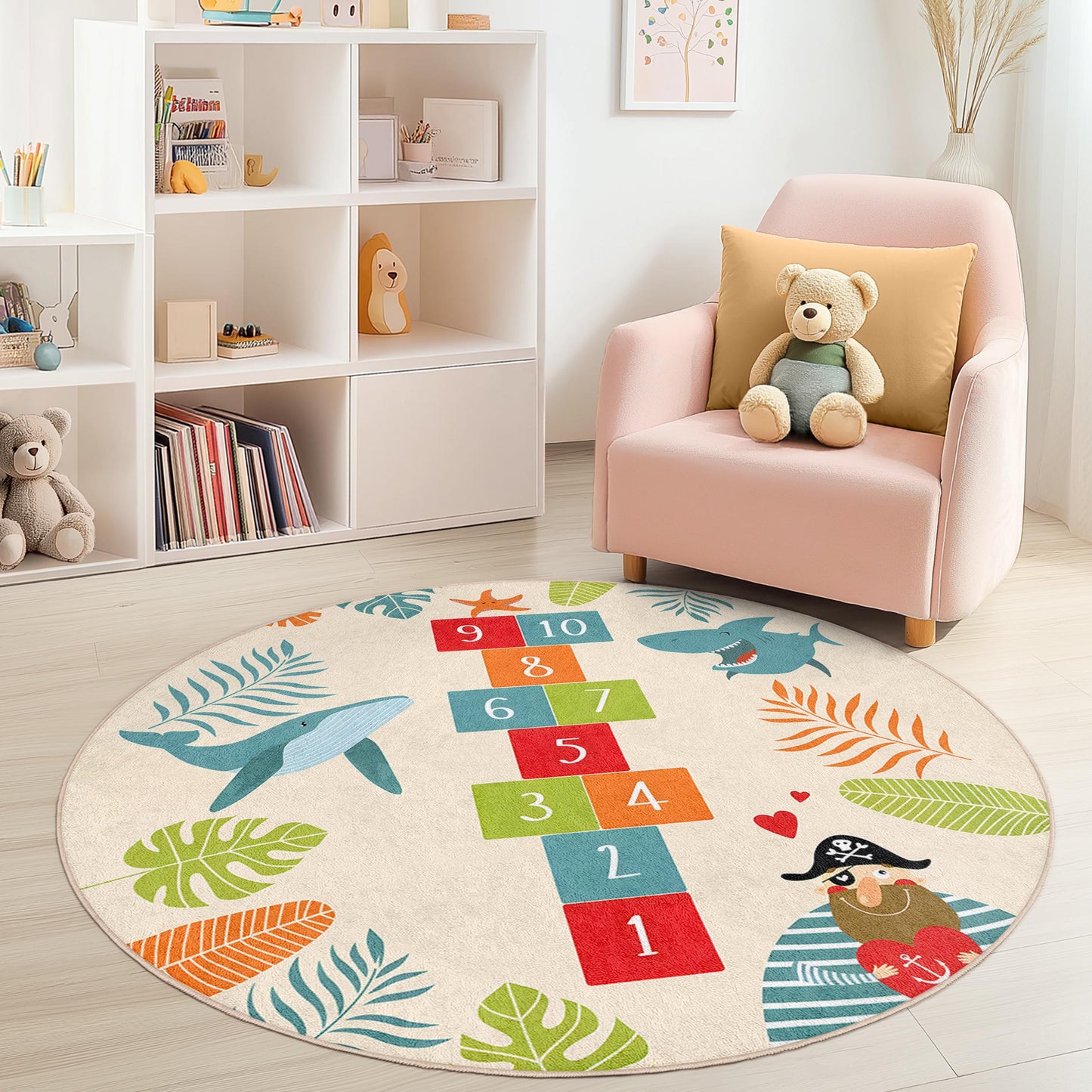 Runder Spielteppich „Unterwasserabenteuer“, Hai-Hüpfmatte, Teppich mit Ozeanmotiv, Kinderzimmerdeko, weicher Spielzimmerteppich