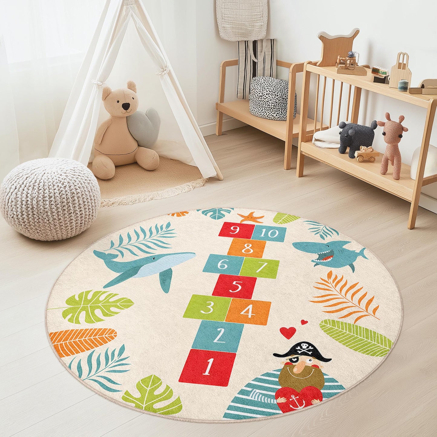 Runder Spielteppich „Unterwasserabenteuer“, Hai-Hüpfmatte, Teppich mit Ozeanmotiv, Kinderzimmerdeko, weicher Spielzimmerteppich