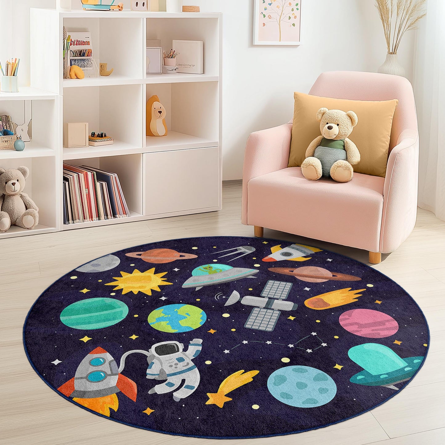 Runder Weltraum-Abenteuer-Kinderteppich, Spielmatte mit Galaxie-Motiv, Weltraum-Deko, Astronauten-Teppich fürs Kinderzimmer, Spielzimmerteppich