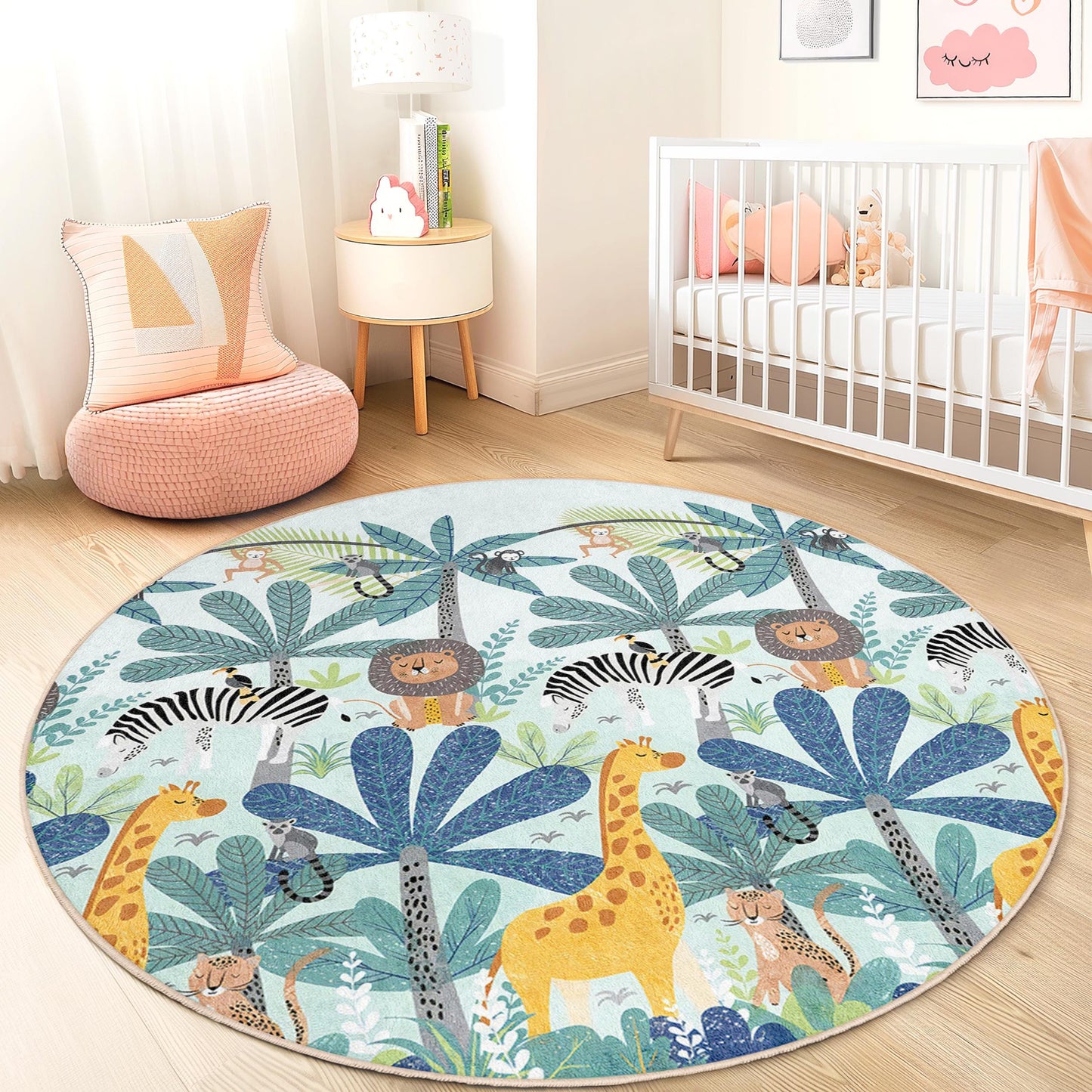 Runder Dschungel-Safari-Kinderteppich, Spielmatte mit Tiermotiven, weicher Kinderzimmerteppich, Kinderzimmerdekoration, runder Teppich für Kinder