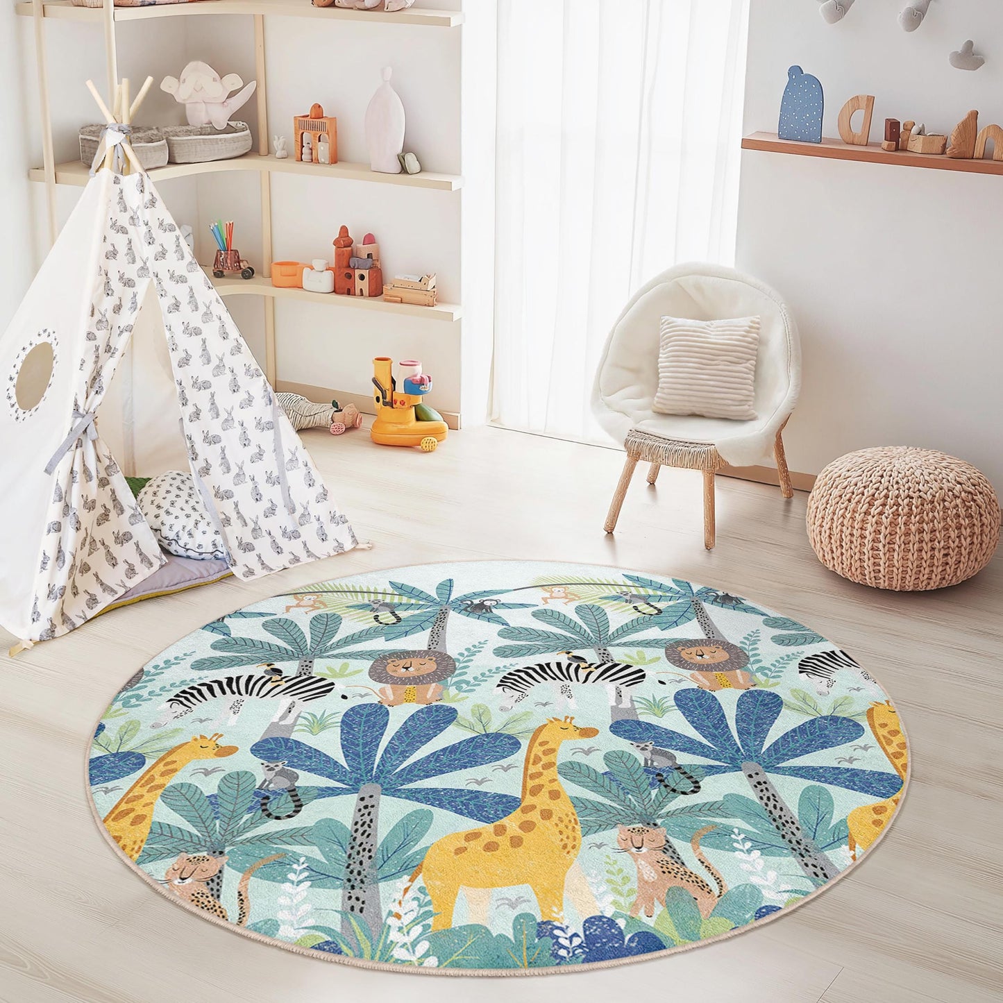 Runder Dschungel-Safari-Kinderteppich, Spielmatte mit Tiermotiven, weicher Kinderzimmerteppich, Kinderzimmerdekoration, runder Teppich für Kinder