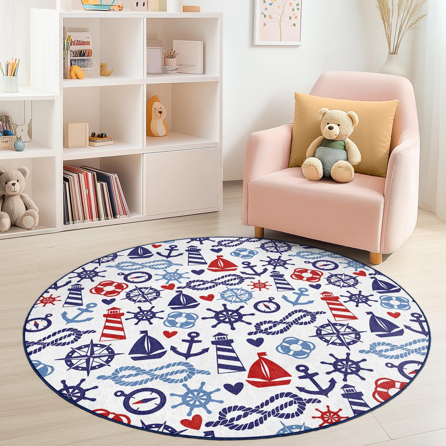 Runder Kinderteppich mit maritimen Motiven, Segelboot- und Ankerdesign, Kinderzimmerdekoration, Spielzimmerteppich, Teppich im Küstenstil