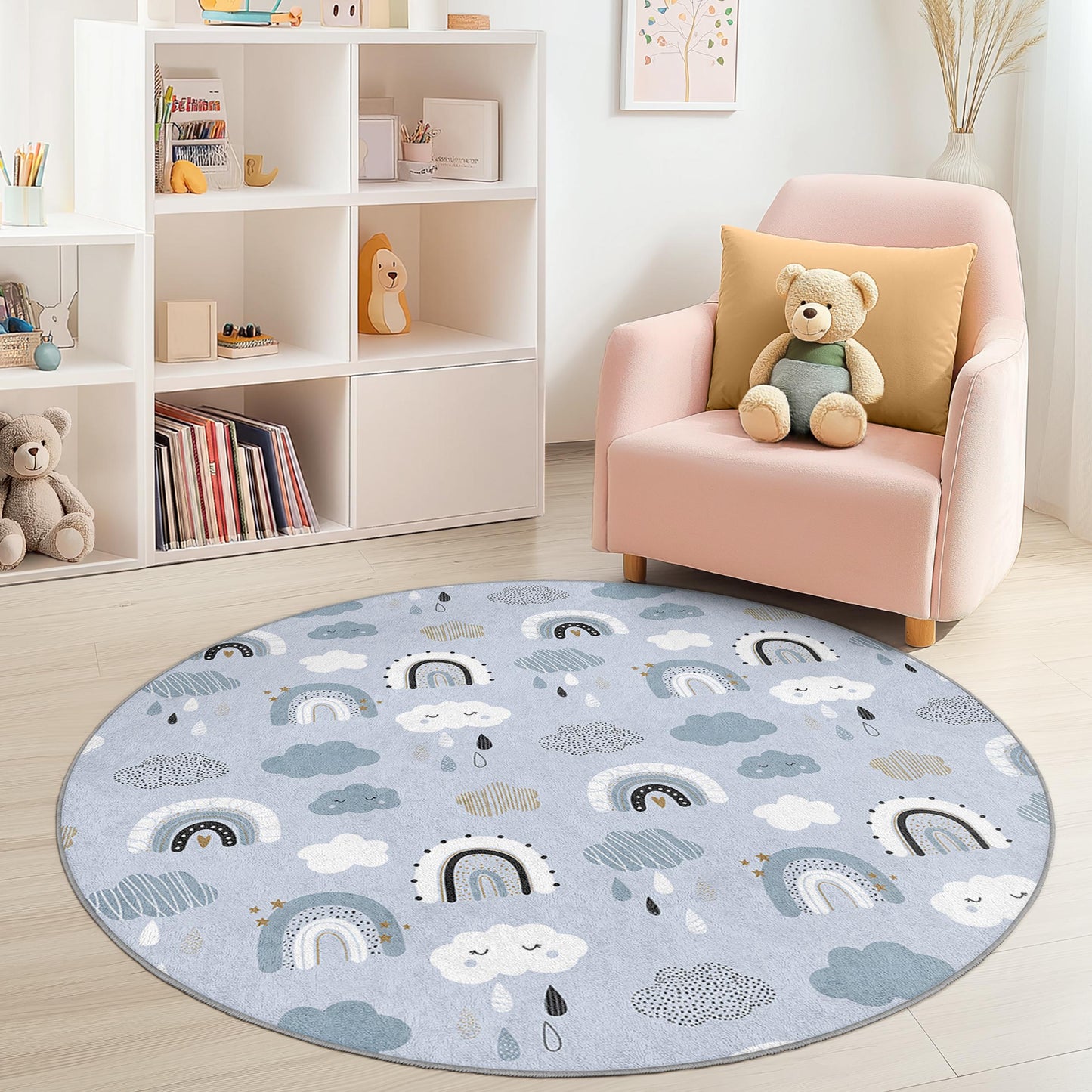 Runder Spielteppich mit Regenbogenwolken, weicher Babyzimmerteppich, Kinderzimmerdekoration, interaktive Spielmatte, niedlicher Kinderteppich