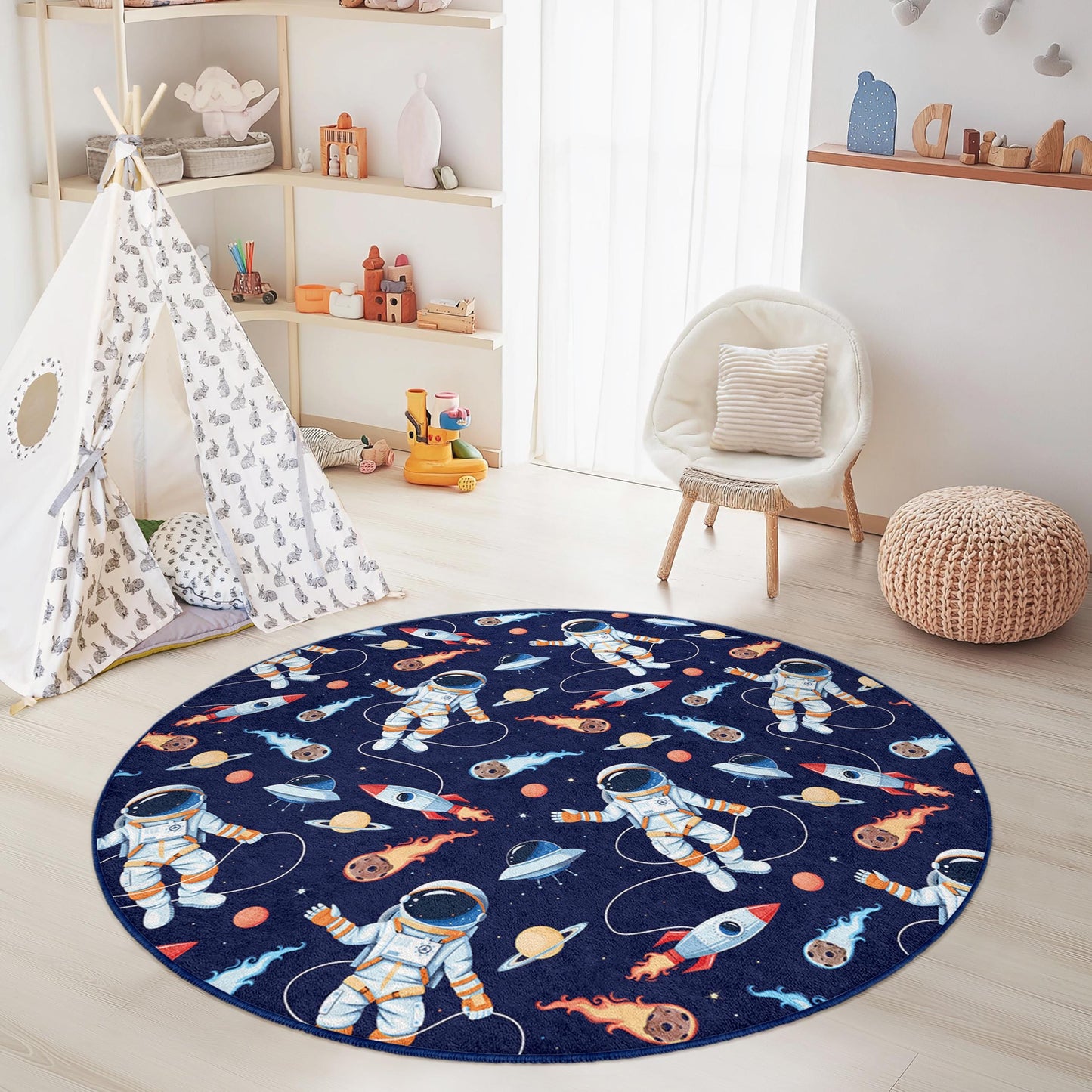 Runder Spielteppich „Astronauten im Weltraum“ für Kinder, Kosmischer Abenteuerteppich, Weltraum-Zimmerdeko, Kinderzimmerteppich, Spielmatte