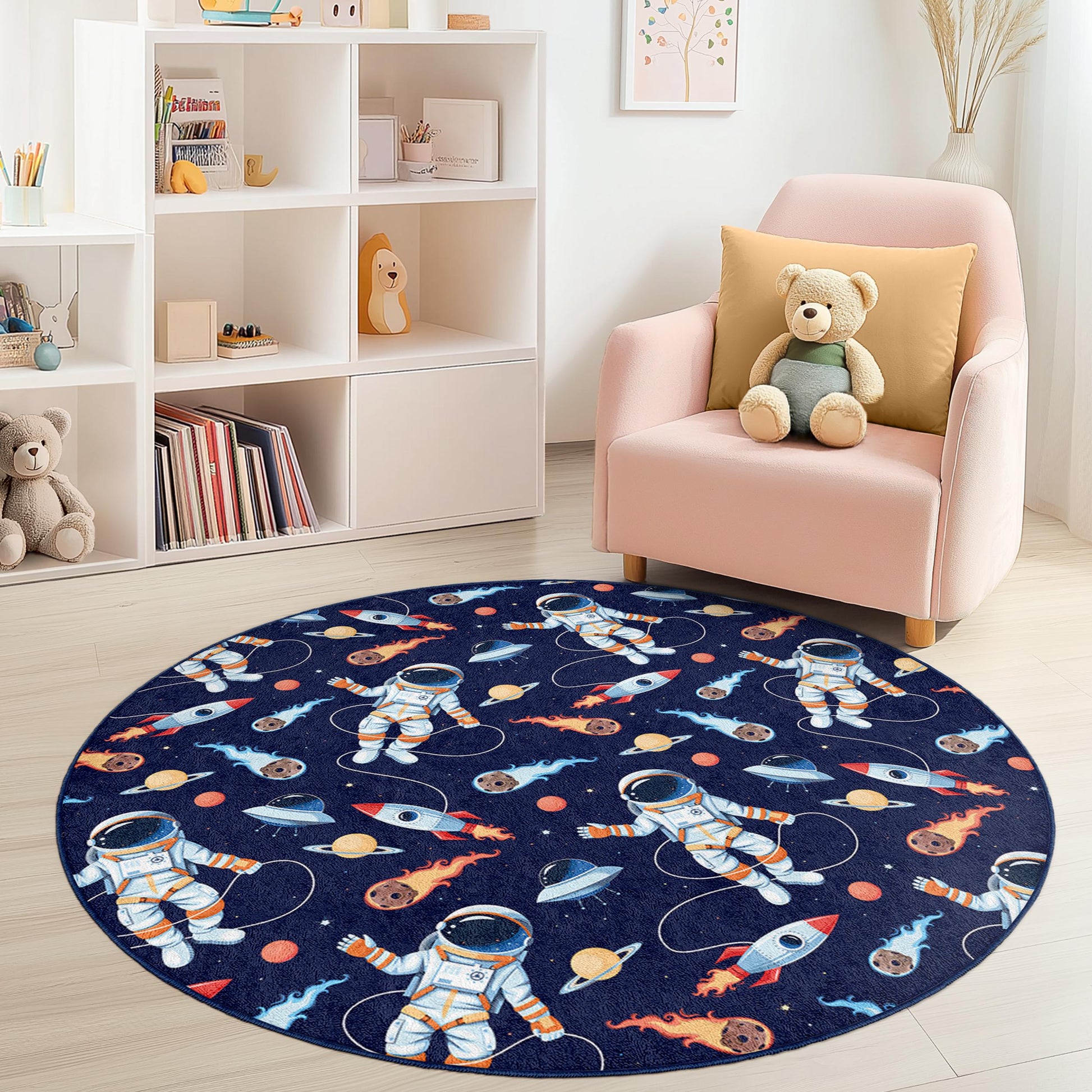 Astronauts in Space Round Kids Play Rug, Cosmic Adventure Rug, Outer Space Room Decor, Kids Bedroom Carpet, Playroom Mat