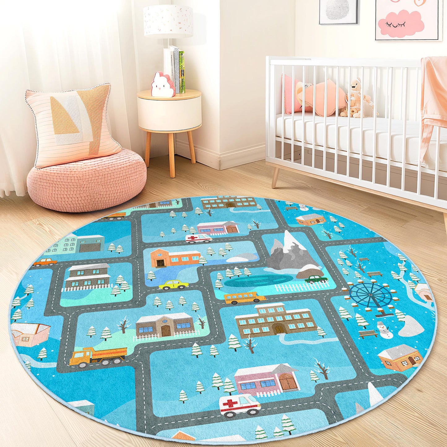 Winterwunderland-Spielteppich für Kinder, runder Straßenkarten-Teppich, interaktiver Kinderteppich, weiche Spielmatte, Kinderzimmerdekoration, Teppich fürs Kinderzimmer