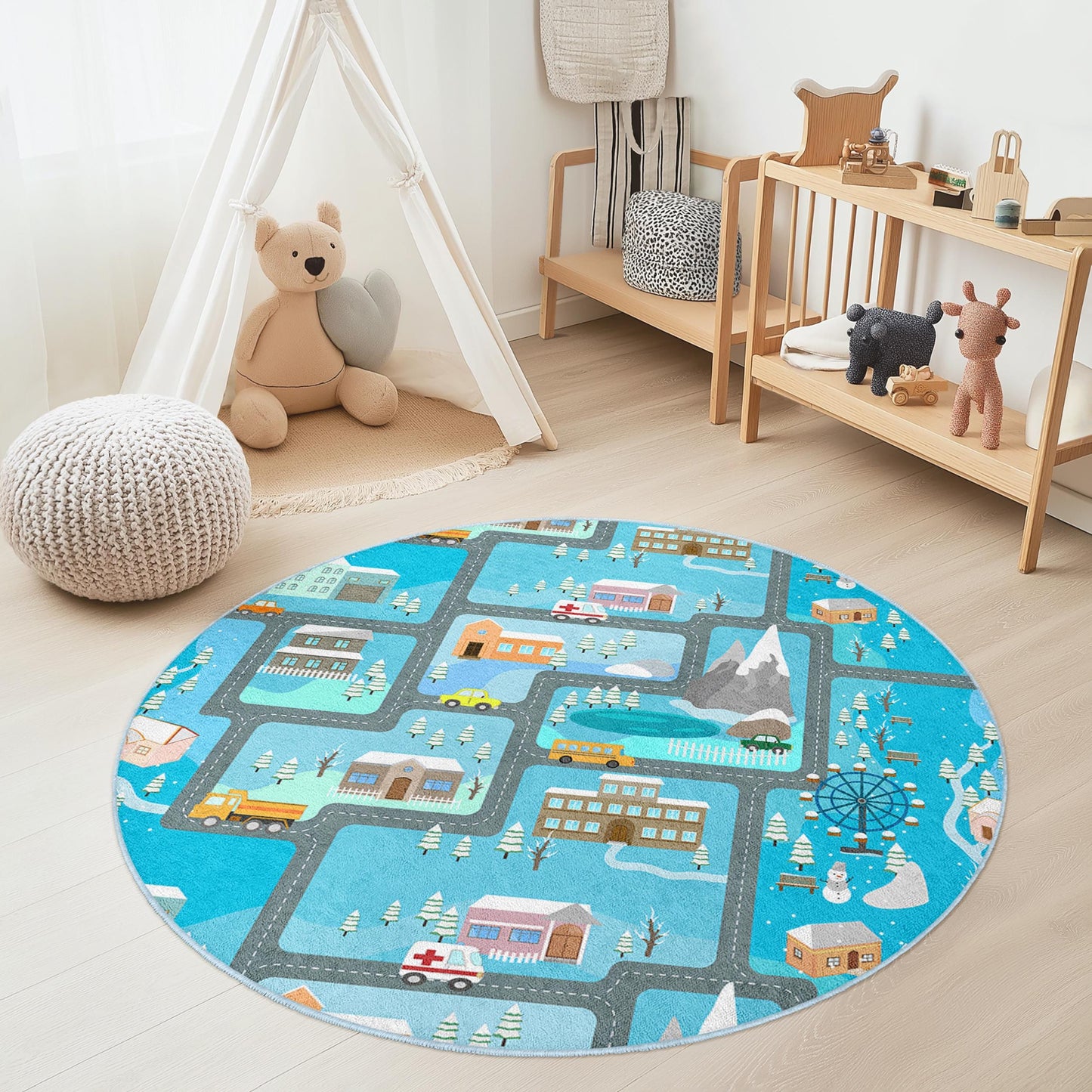 Winter Wonderland Play Rug for Kids, Round Road Map Rug, Interactive Kids Carpet, Soft Play Mat, Nursery Decor, Children Room Rug