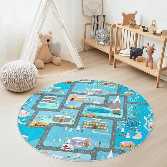 Winter Wonderland Play Rug for Kids, Round Road Map Rug, Interactive Kids Carpet, Soft Play Mat, Nursery Decor, Children Room Rug