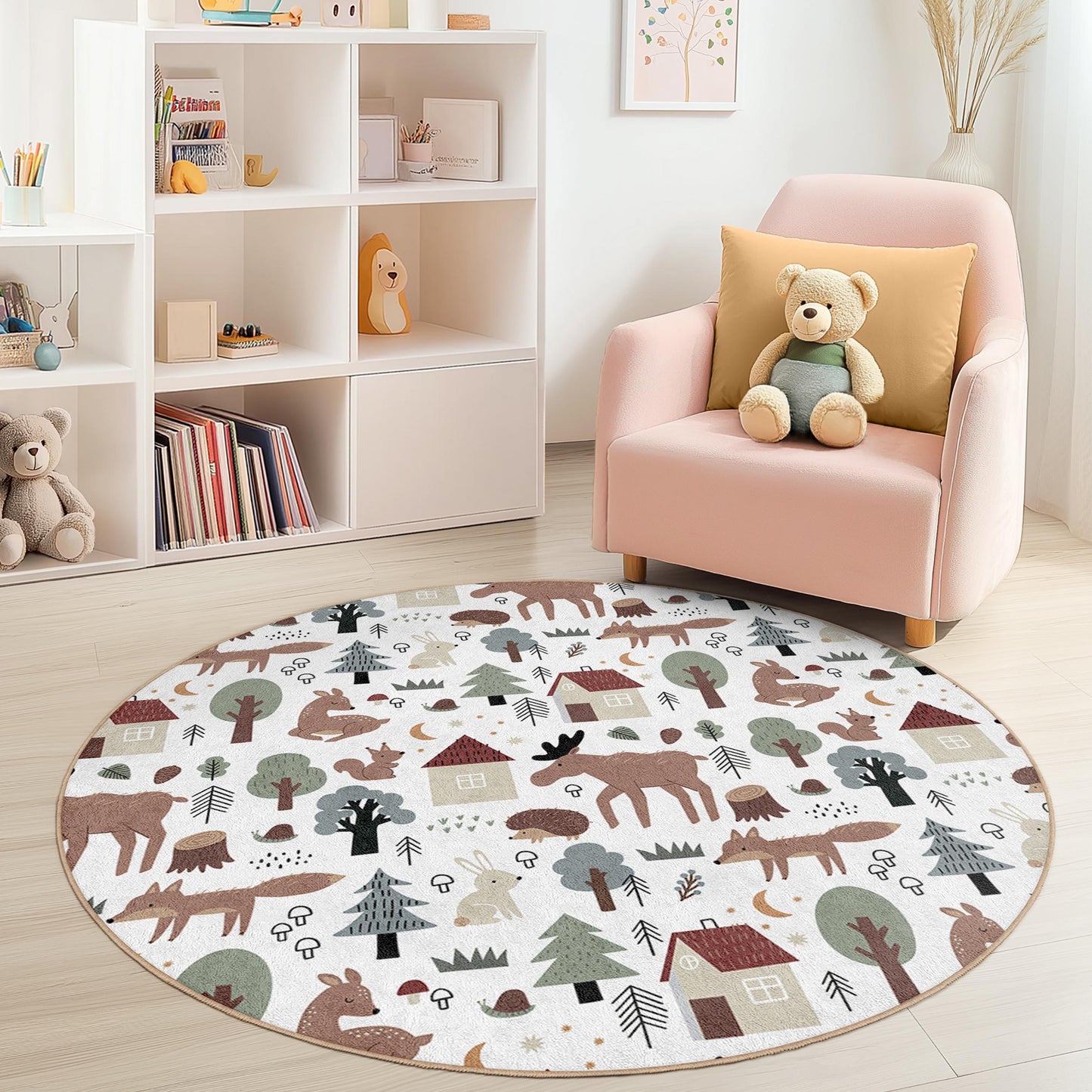 Runder Spielteppich mit Waldtiermotiven für Kinder, Waldmotiv-Kinderzimmerteppich, niedlicher Tierteppich für Spielzimmer, Kinderzimmerdekoration