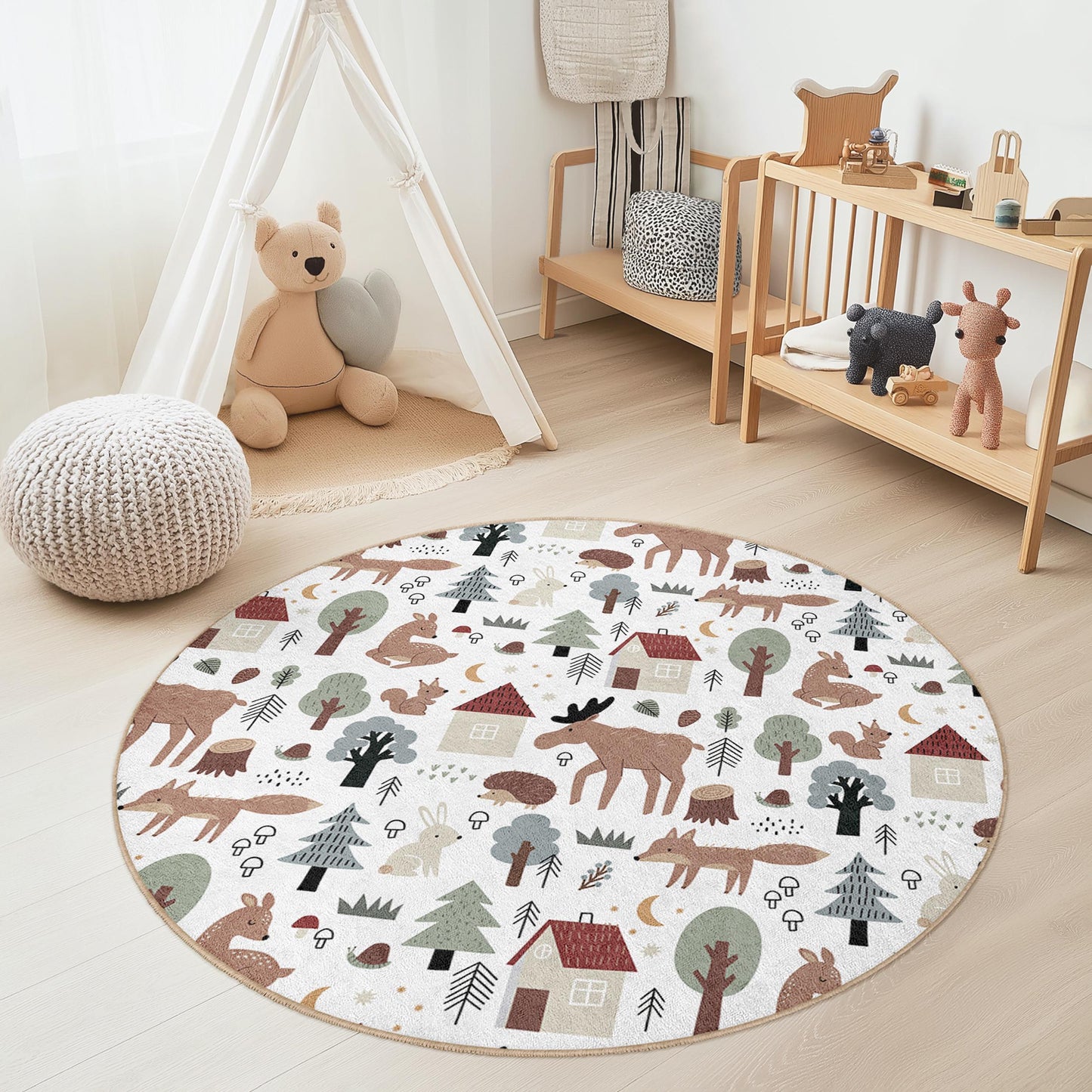 Runder Spielteppich mit Waldtiermotiven für Kinder, Waldmotiv-Kinderzimmerteppich, niedlicher Tierteppich für Spielzimmer, Kinderzimmerdekoration