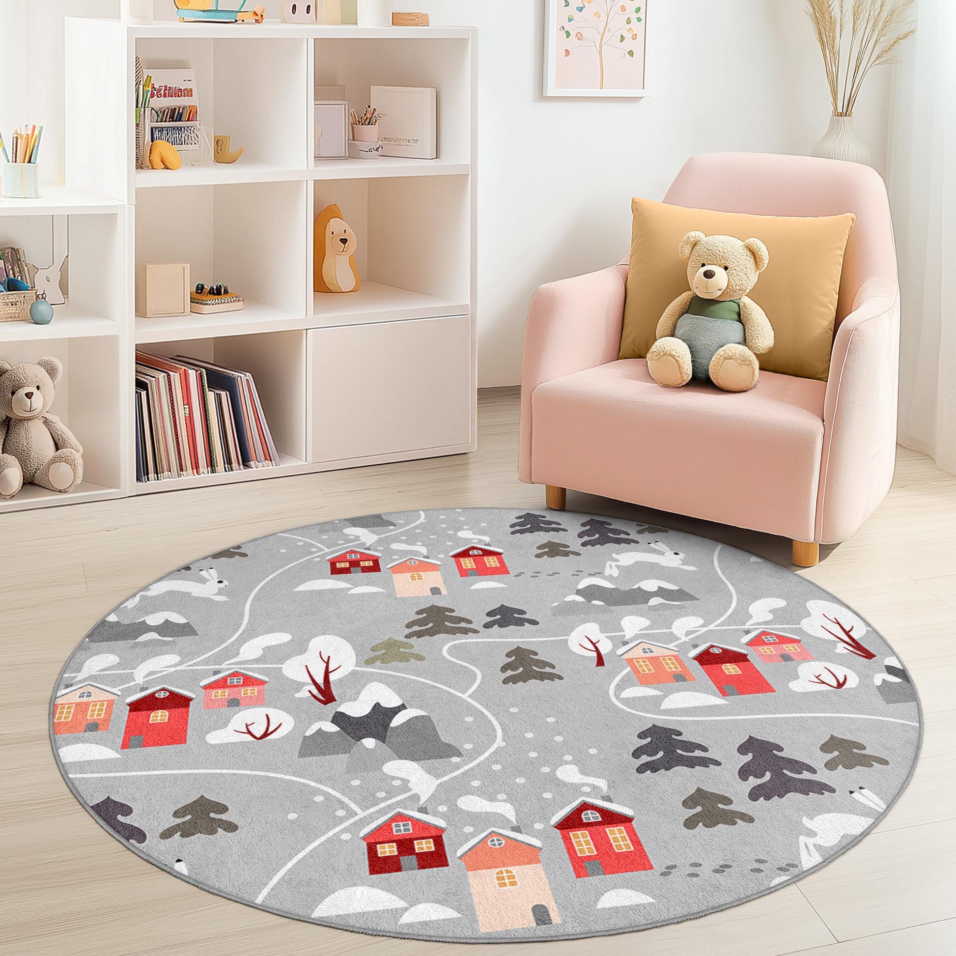 Winter Wonderland Round Kids Play Rug, Cozy Village Pattern, Kids Room Decor, Playroom Carpet, Soft Nursery Rug