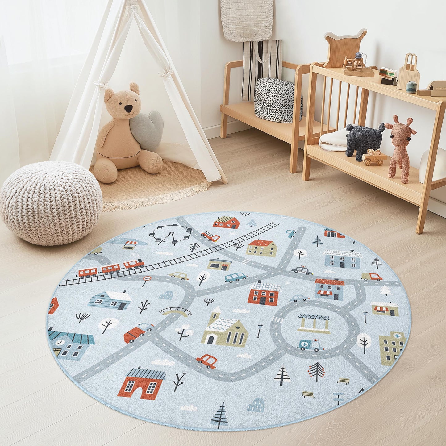 Runder Spielteppich „Winterwunderland“, Spielmatte für Kinder mit Straßen und Häusern, weicher runder Teppich für Kinderzimmer, Kinderzimmerdekoration