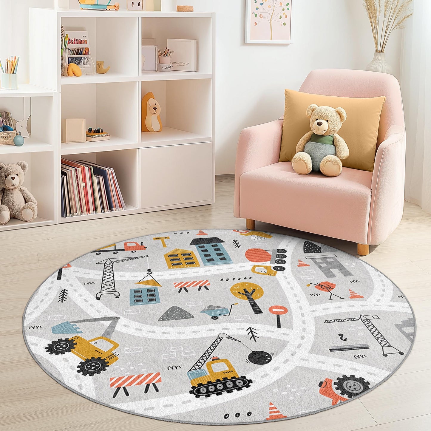 Runder Spielteppich „Baustelle“, interaktive Spielmatte für Kleinkinder, Kinderzimmerteppich, weiche Kinderzimmerdekoration, lustiger Spielzimmerteppich