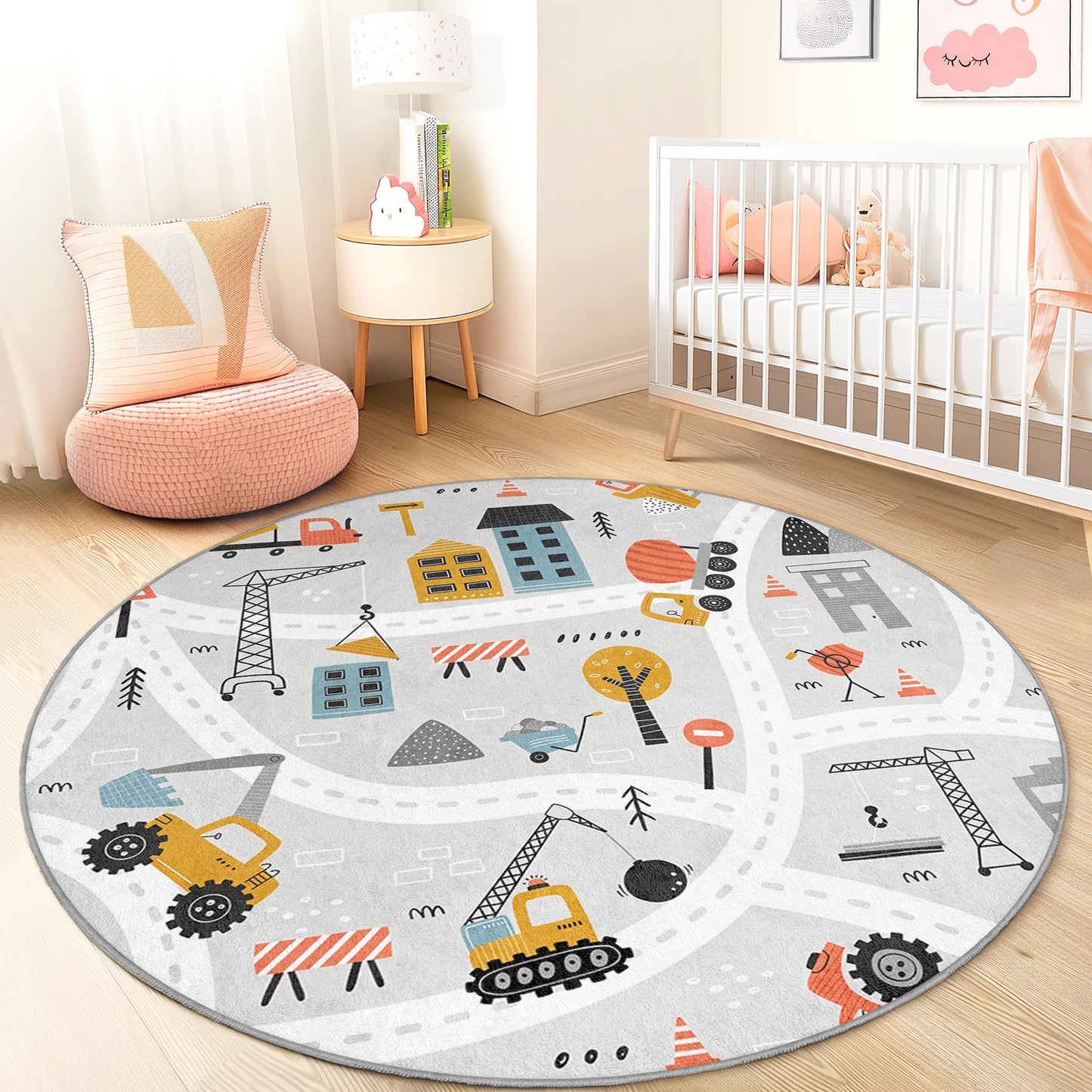 Runder Spielteppich „Baustelle“, interaktive Spielmatte für Kleinkinder, Kinderzimmerteppich, weiche Kinderzimmerdekoration, lustiger Spielzimmerteppich