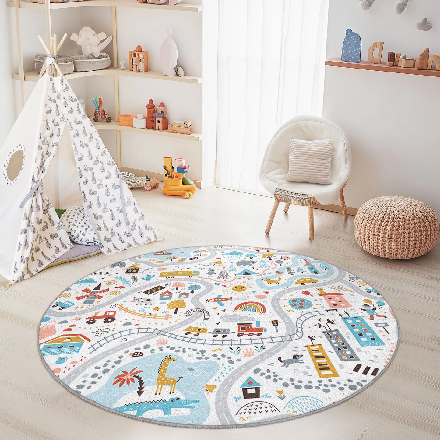 Bunter Abenteuer-Spielteppich, runder Kinderteppich, Spielmatte mit Kartenmotiv, Kinderzimmerdeko, Teppich für Kleinkinderzimmer, Kreativer Lernbereich