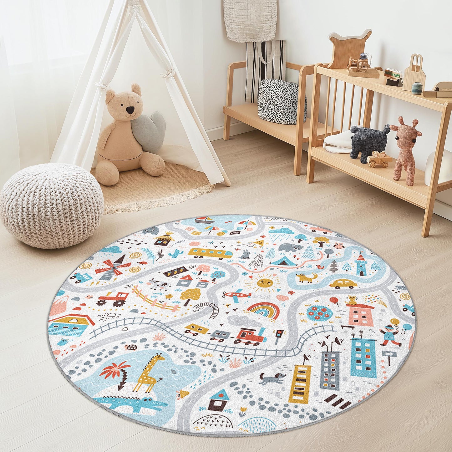 Bunter Abenteuer-Spielteppich, runder Kinderteppich, Spielmatte mit Kartenmotiv, Kinderzimmerdeko, Teppich für Kleinkinderzimmer, Kreativer Lernbereich