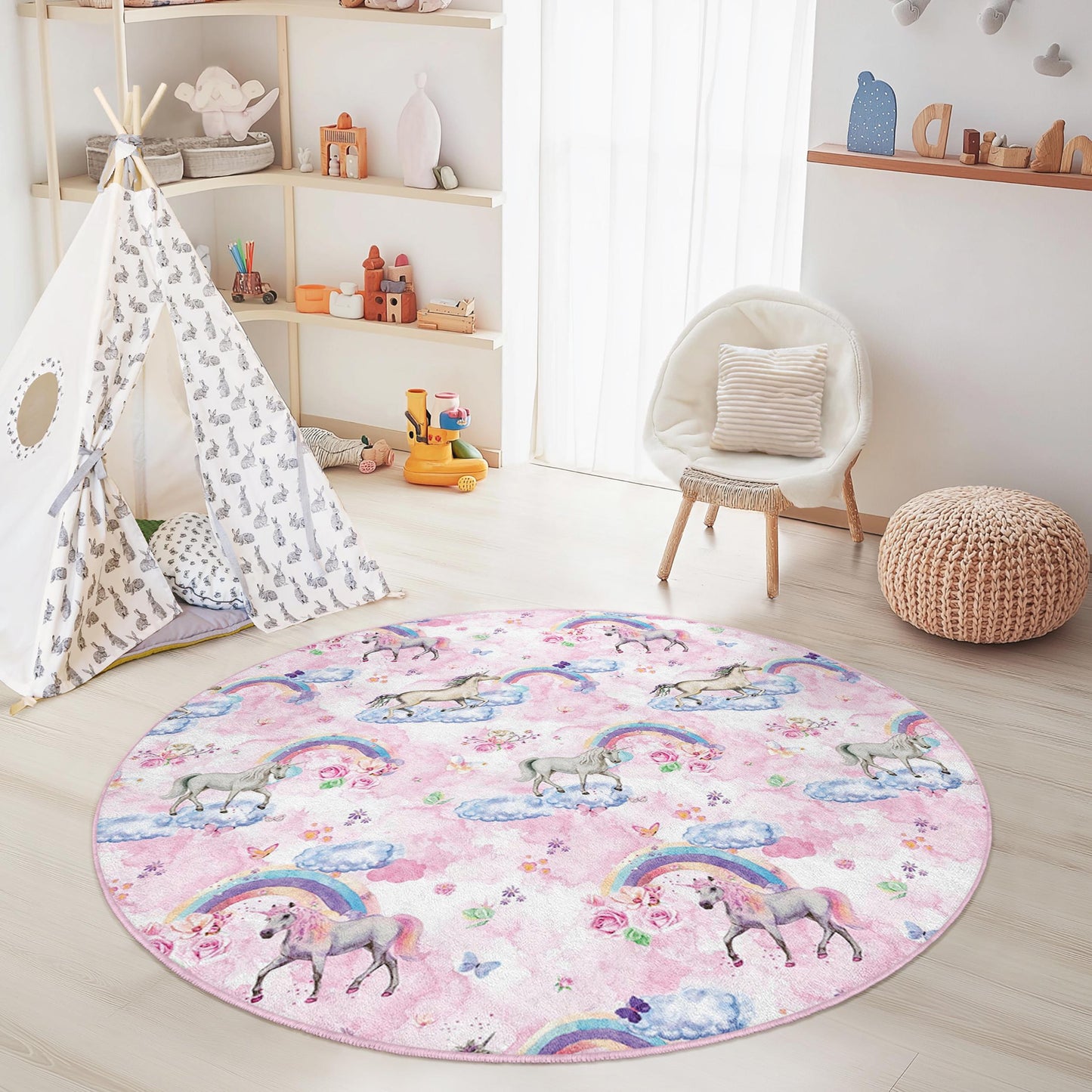 Verspielter runder Einhorn-Kinderteppich, Regenbogenwolken-Spielmatte, weiche Kinderzimmerdekoration, Spielzimmerteppich, Kinderzimmerteppich, Teppich mit Fantasiemotiv