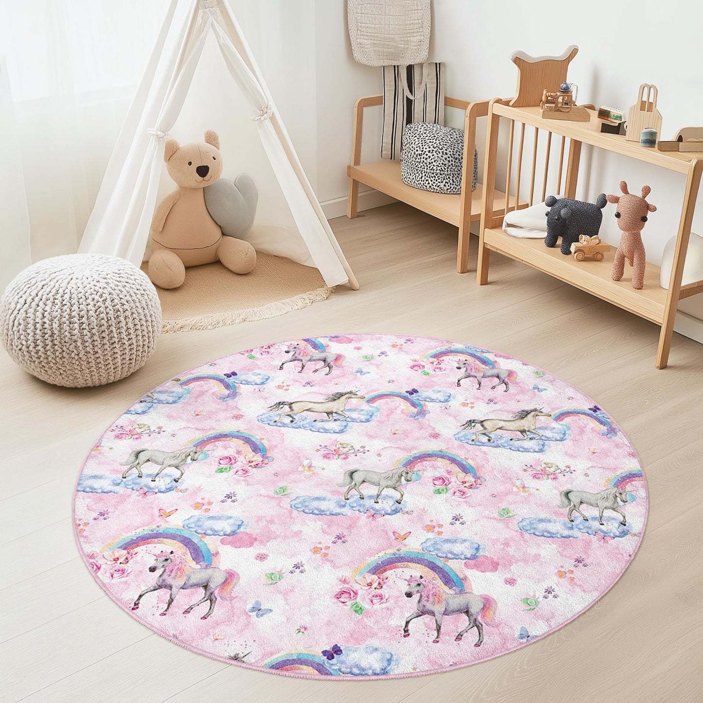 Verspielter runder Einhorn-Kinderteppich, Regenbogenwolken-Spielmatte, weiche Kinderzimmerdekoration, Spielzimmerteppich, Kinderzimmerteppich, Teppich mit Fantasiemotiv