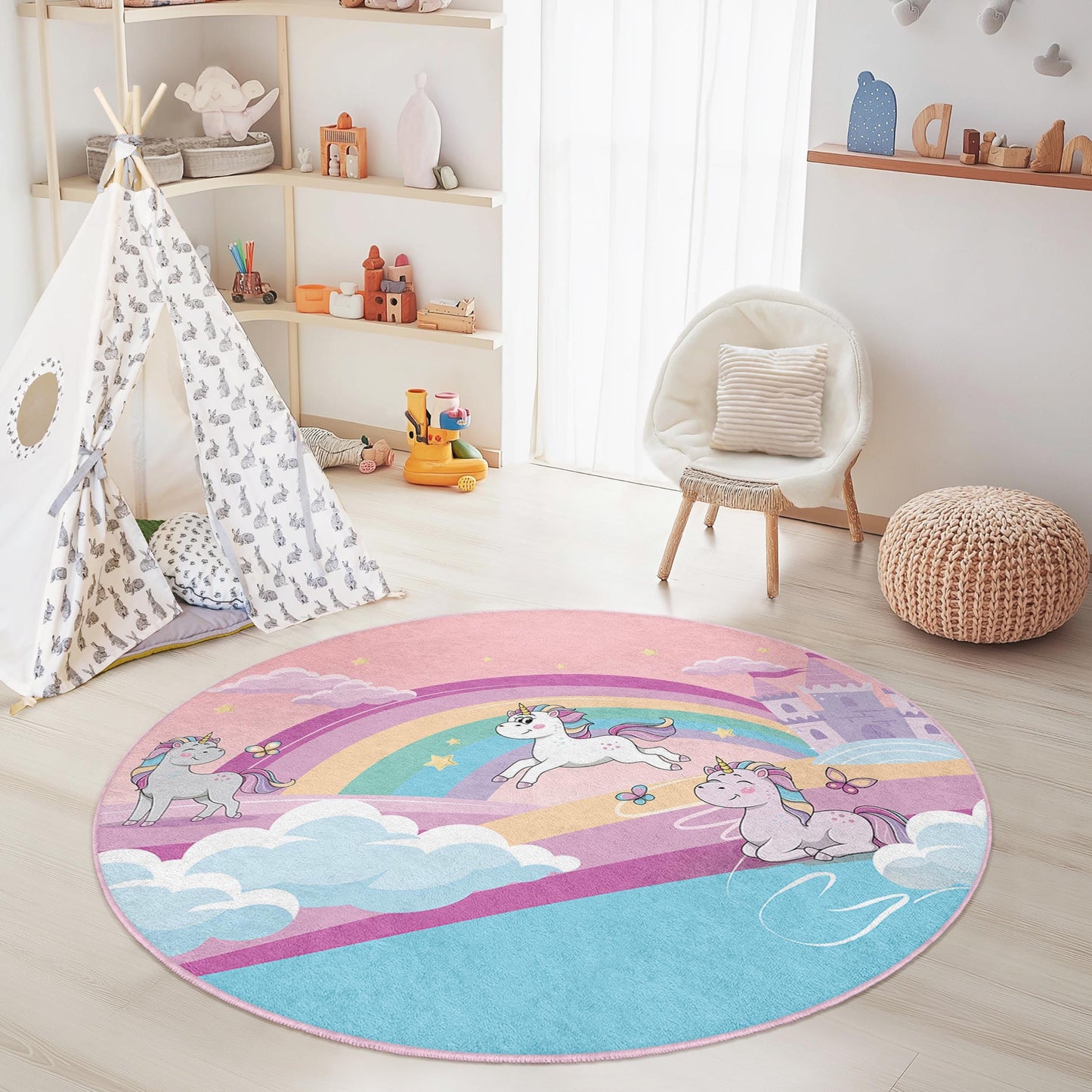 Unicorn Rainbow Round Kids Play Rug, Magical Unicorn Carpet, Playroom Decor, Soft Round Rug for Girls Room, Nursery Rug