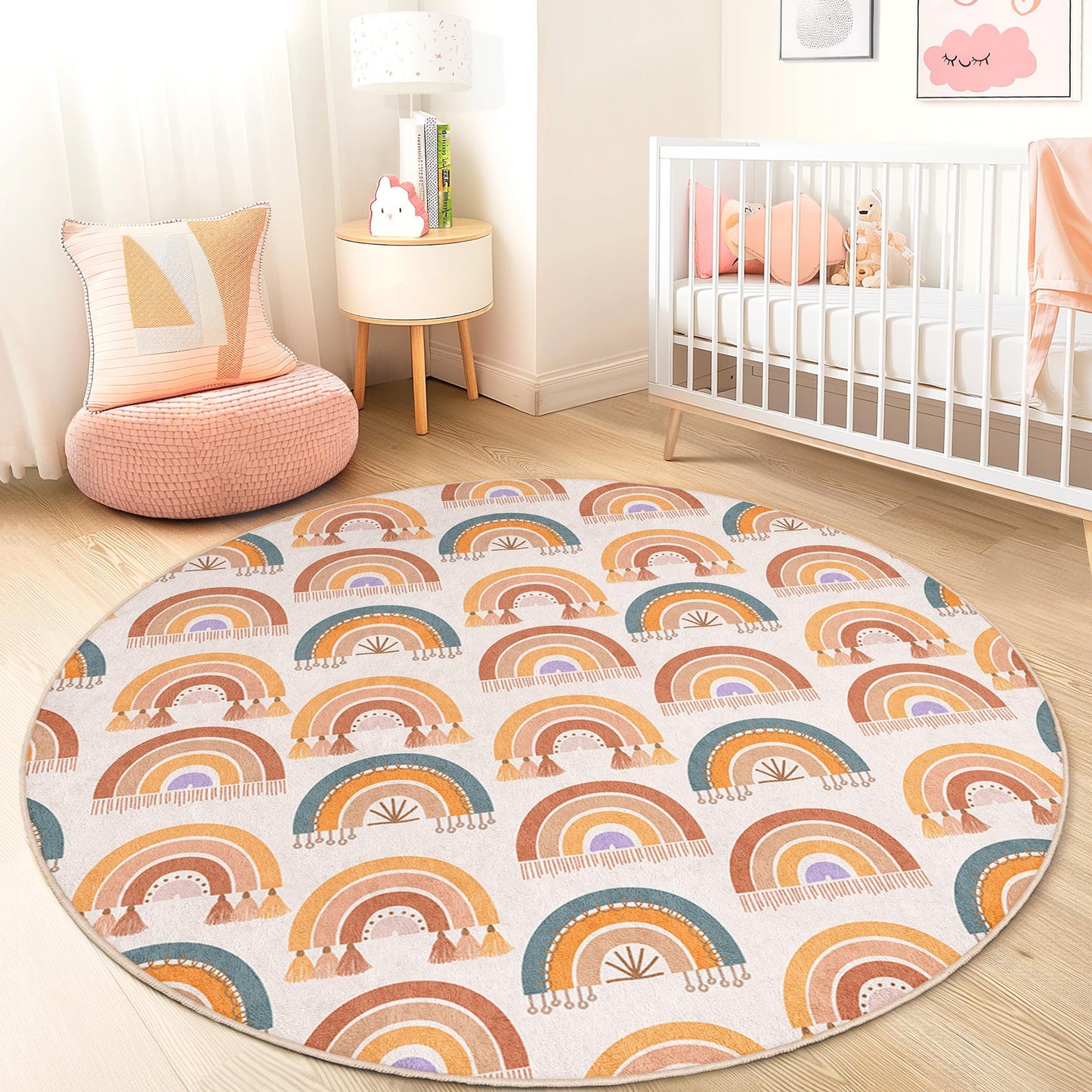 Runder Kinderteppich mit Regenbogenmotiv, bunte Regenbogen-Spielmatte, weicher Kinderzimmerteppich, Kinderzimmerdekoration, Spielzimmerteppich, pädagogischer Spielteppich