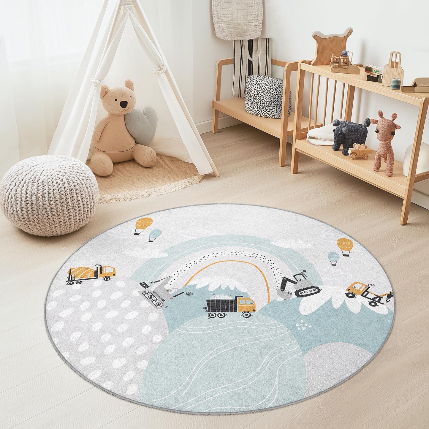 Runder Spielteppich mit Baustellenmotiv, bunten Lastwagen und Heißluftballons, Kinderzimmerdeko, Spielteppich, Teppich fürs Kinderzimmer