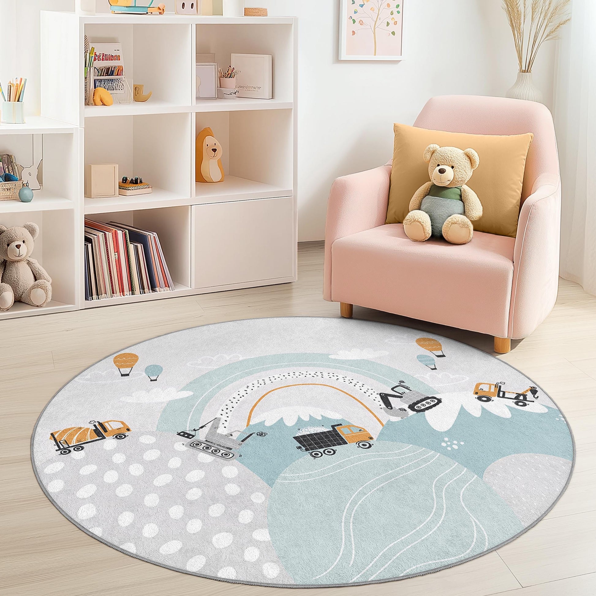 Construction Theme Round Kids Play Rug, Colorful Trucks and Hot Air Balloons, Nursery Decor, Play Area Rug, Kids Room Carpet