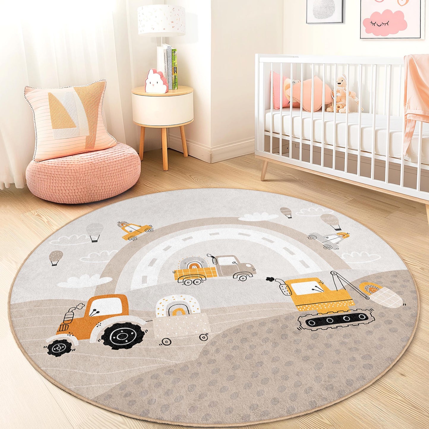 Runder Spielteppich mit Baustellenfahrzeugen, niedliches LKW- und Maschinenmotiv, Kinderzimmerdeko, Spielzimmerteppich, weicher Kinderteppich