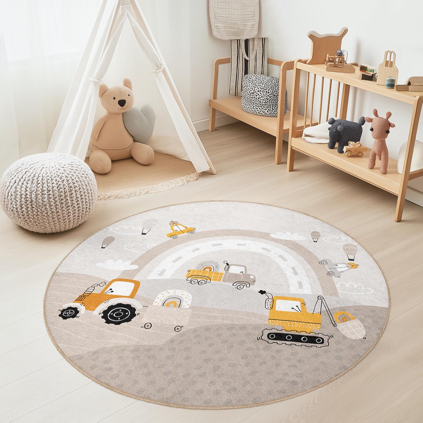 Runder Spielteppich mit Baustellenfahrzeugen, niedliches LKW- und Maschinenmotiv, Kinderzimmerdeko, Spielzimmerteppich, weicher Kinderteppich