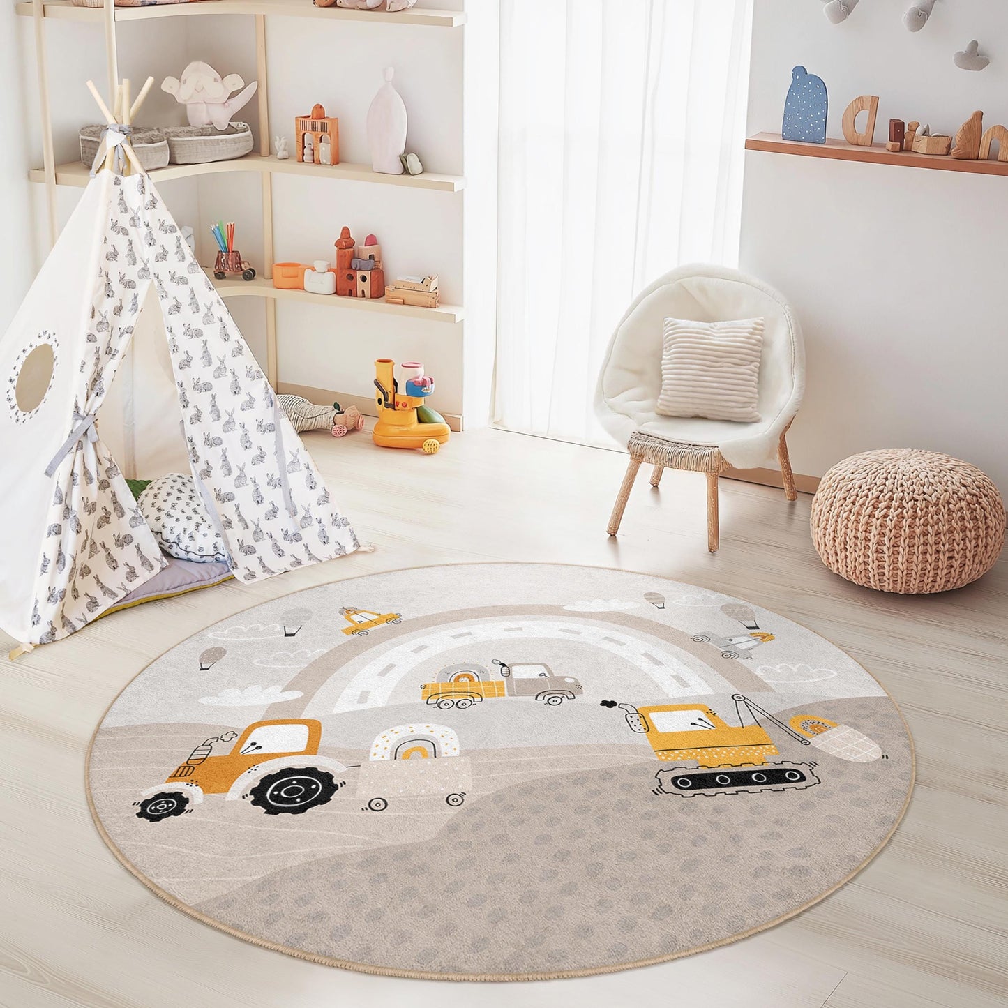Construction Vehicles Round Kids Play Rug, Cute Trucks and Machines Design, Nursery Decor, Playroom Carpet, Soft Children's Rug