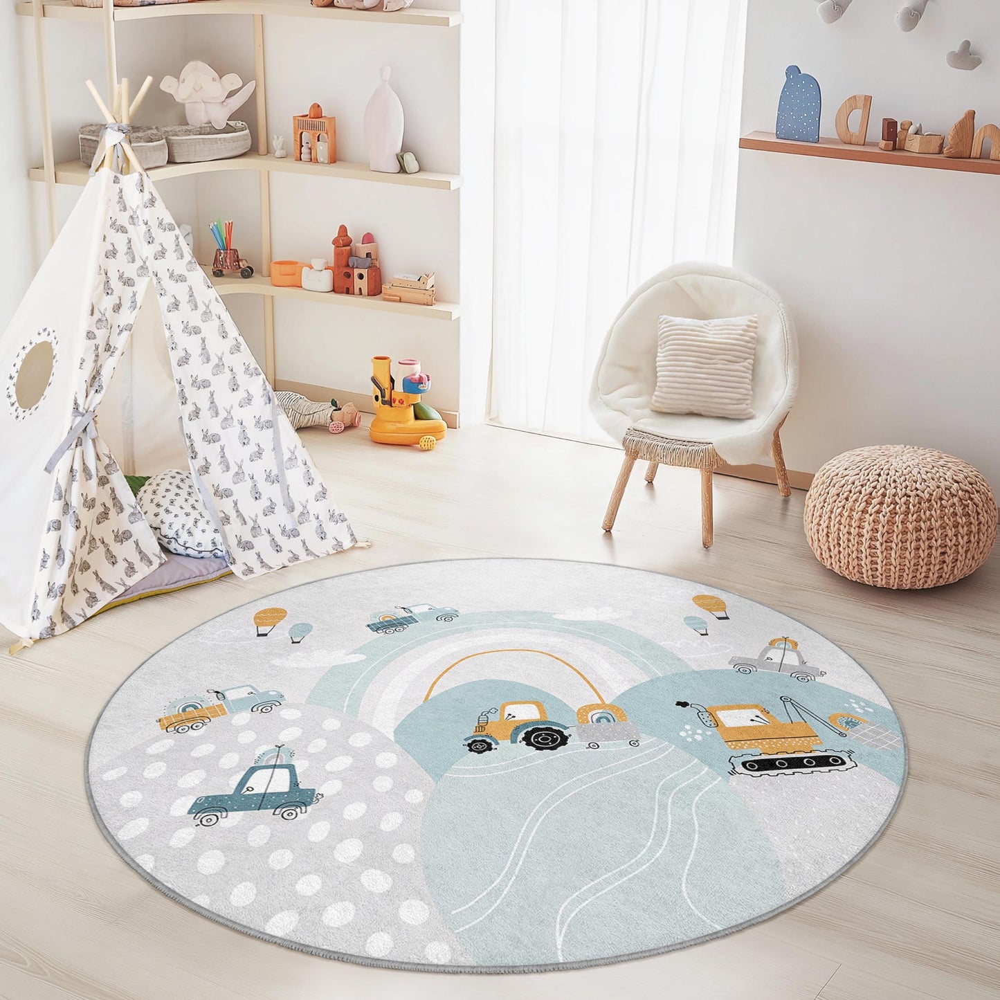 Runder Kinderteppich mit verspielten Baustellenfahrzeugen, Kinderzimmerteppich, Kinderzimmerdekoration, weiche Spielmatte für Kleinkinder