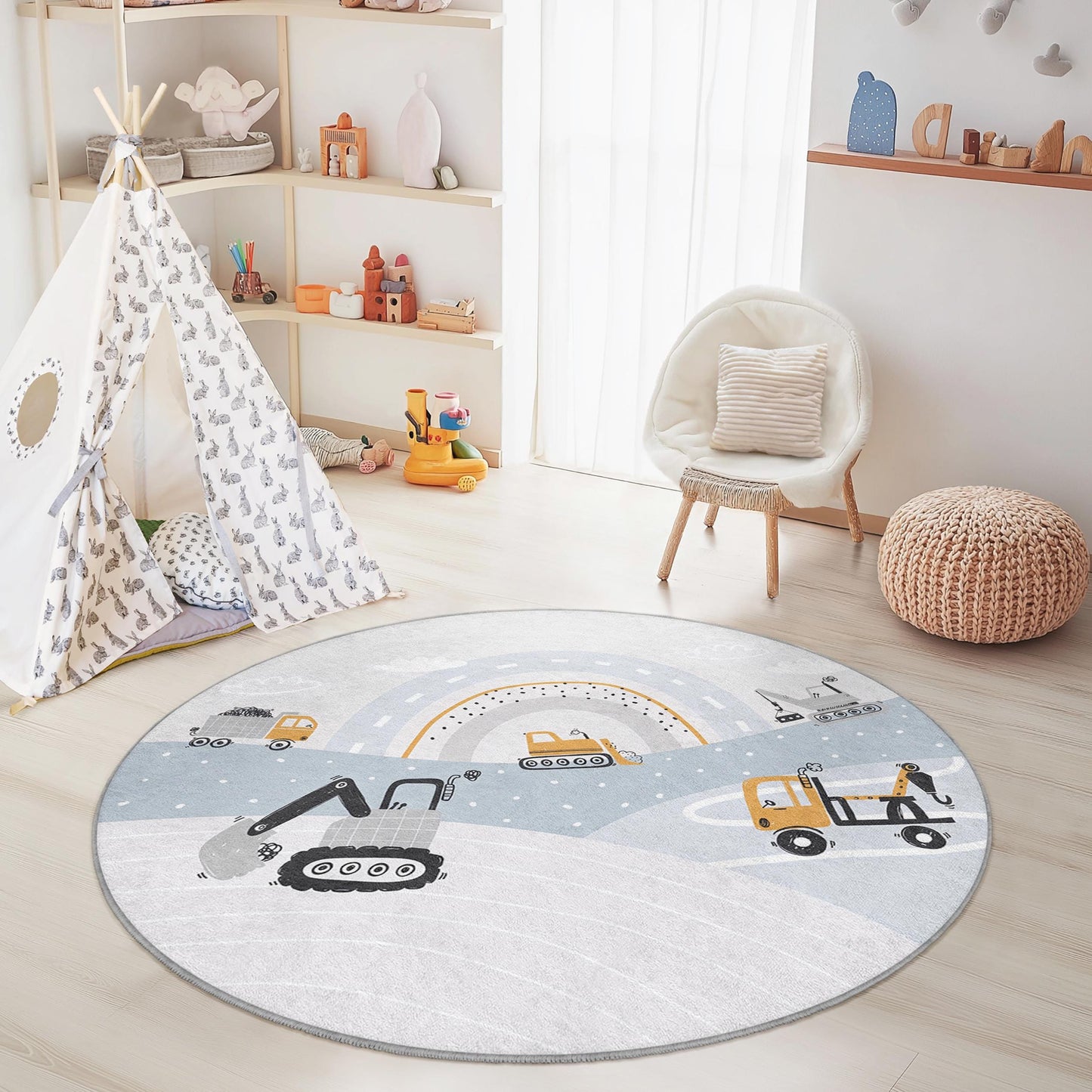 Runder Spielteppich mit Baustellenfahrzeugen, Kinderzimmerdeko, weiche Spielmatte, LKW-Teppich, Babyzimmerteppich, Babyzimmer-Basics