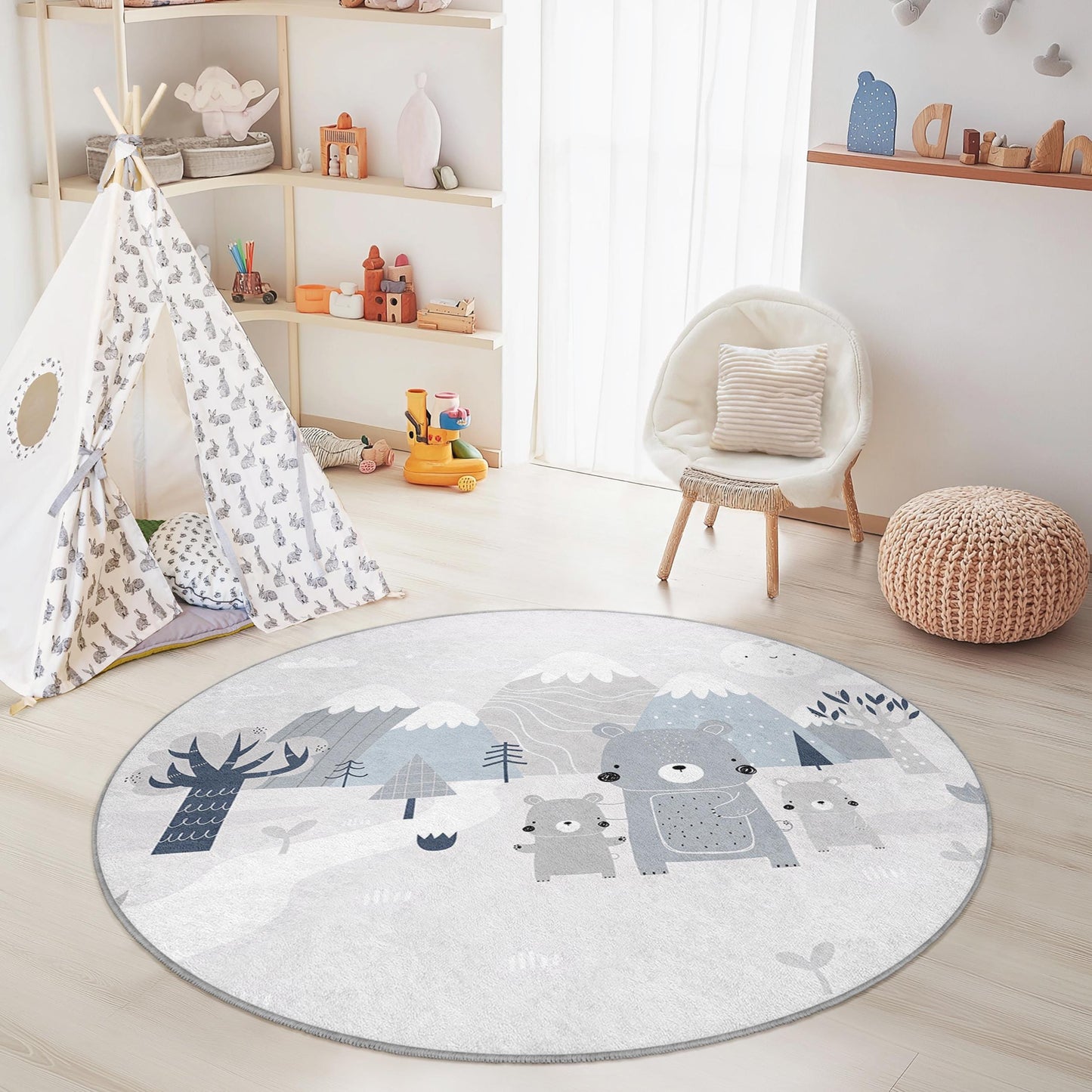 Runder Kinderteppich mit niedlicher Bärenfamilie, bezaubernder Tierteppich für Kinder, Spielzimmerdeko, Kinderzimmerteppich, weiche Spielmatte, Waldteppich
