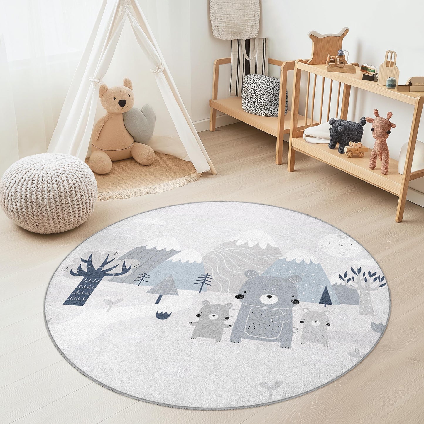 Runder Kinderteppich mit niedlicher Bärenfamilie, bezaubernder Tierteppich für Kinder, Spielzimmerdeko, Kinderzimmerteppich, weiche Spielmatte, Waldteppich