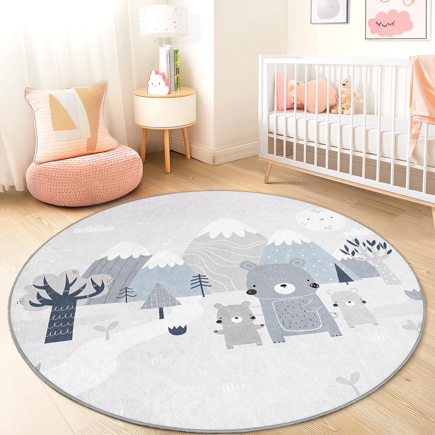 Runder Kinderteppich mit niedlicher Bärenfamilie, bezaubernder Tierteppich für Kinder, Spielzimmerdeko, Kinderzimmerteppich, weiche Spielmatte, Waldteppich