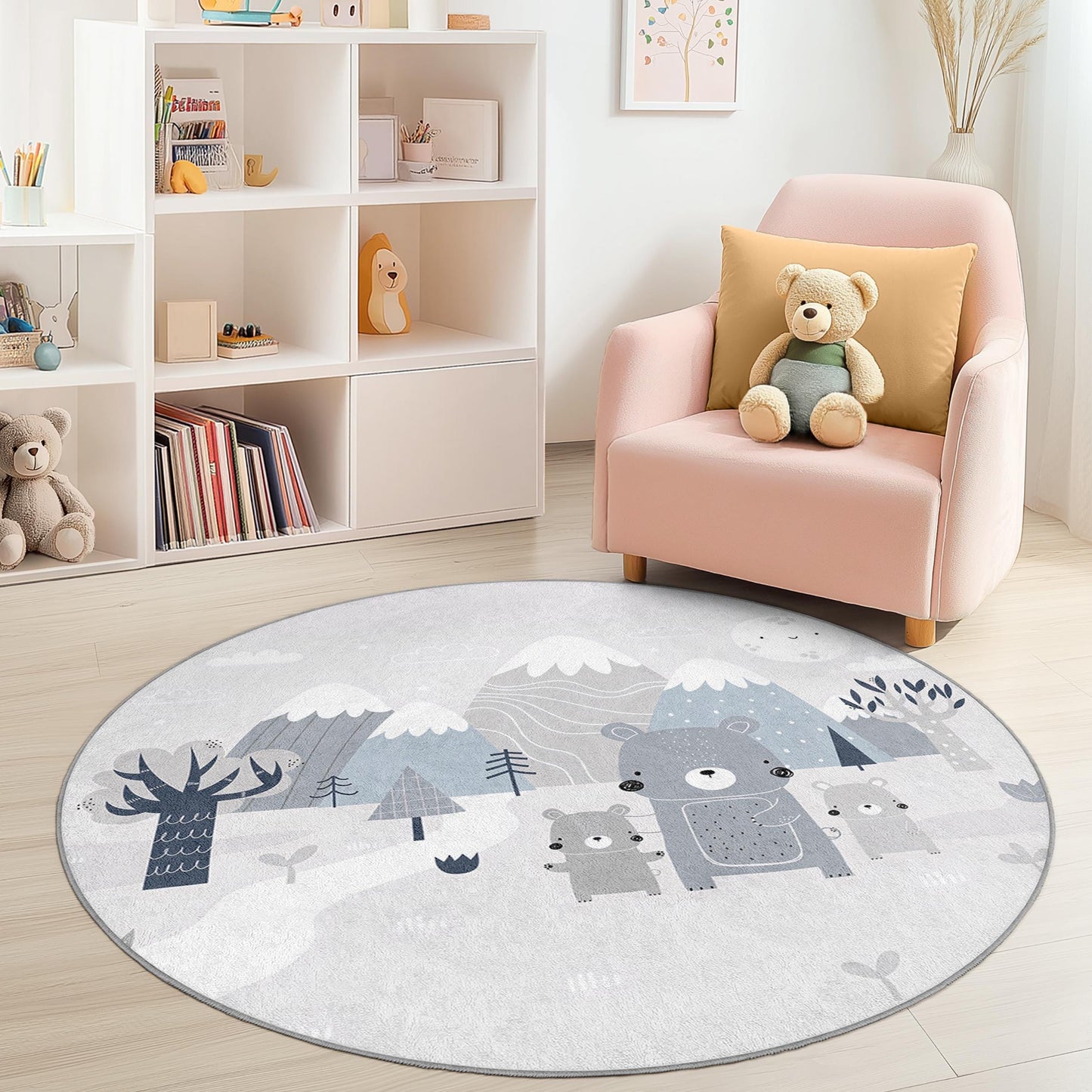Cute Bear Family Round Kids Rug, Adorable Animal Kids Carpet, Playroom Decor, Nursery Rug, Soft Play Mat, Woodland Themed Rug