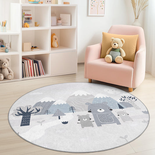 Cute Bear Family Round Kids Rug, Adorable Animal Kids Carpet, Playroom Decor, Nursery Rug, Soft Play Mat, Woodland Themed Rug