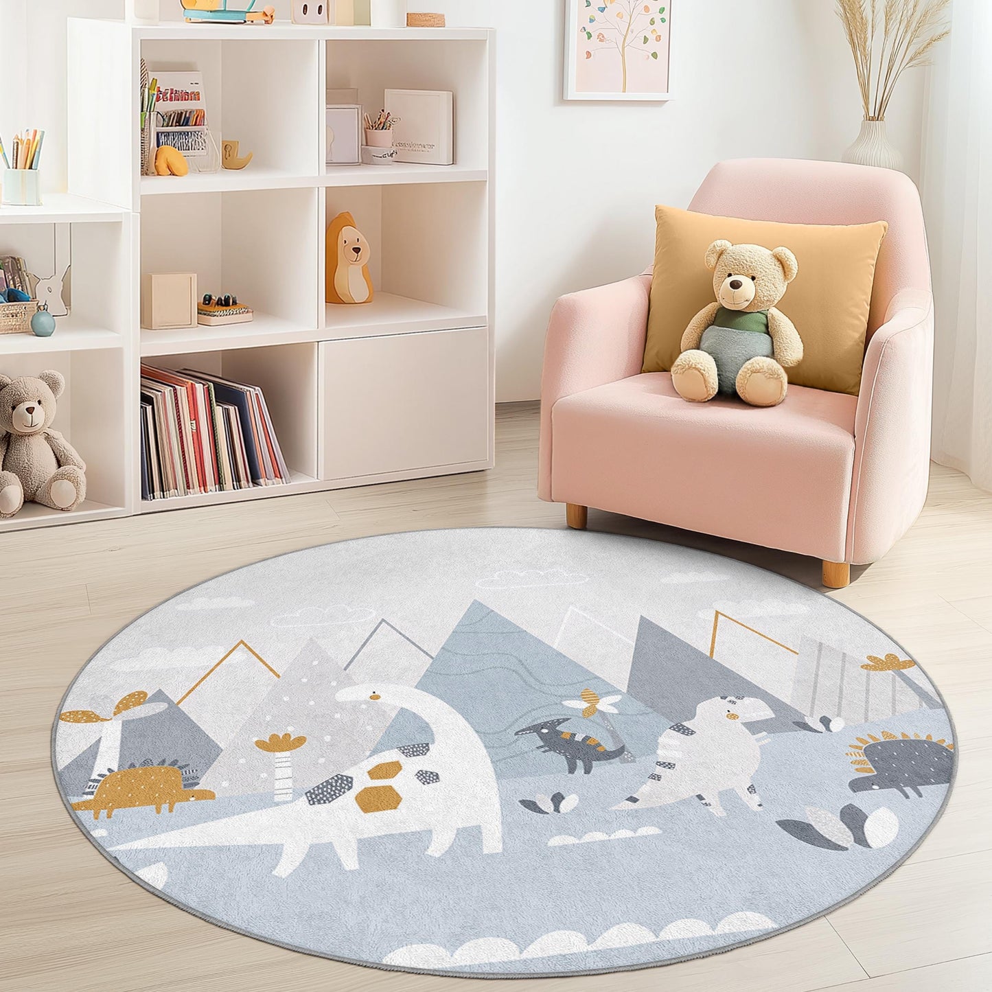 Abenteuerlicher runder Dinosaurier-Kinderteppich, verspielter Dino-Teppich fürs Kinderzimmer, weiche Spielmatte fürs Kinderzimmer, kreative Kinderzimmerdekoration