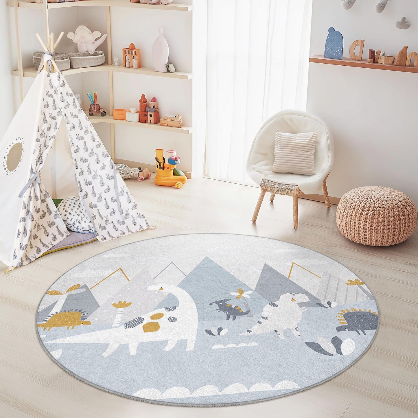 Adventurous Dinosaur Round Kids Rug, Playful Dino Rug for Nursery, Soft Play Mat for Childrens Room, Creative Kids Decor