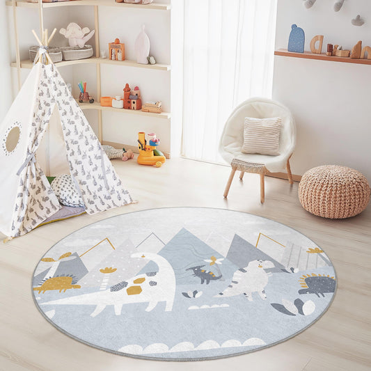 Adventurous Dinosaur Round Kids Rug, Playful Dino Rug for Nursery, Soft Play Mat for Childrens Room, Creative Kids Decor
