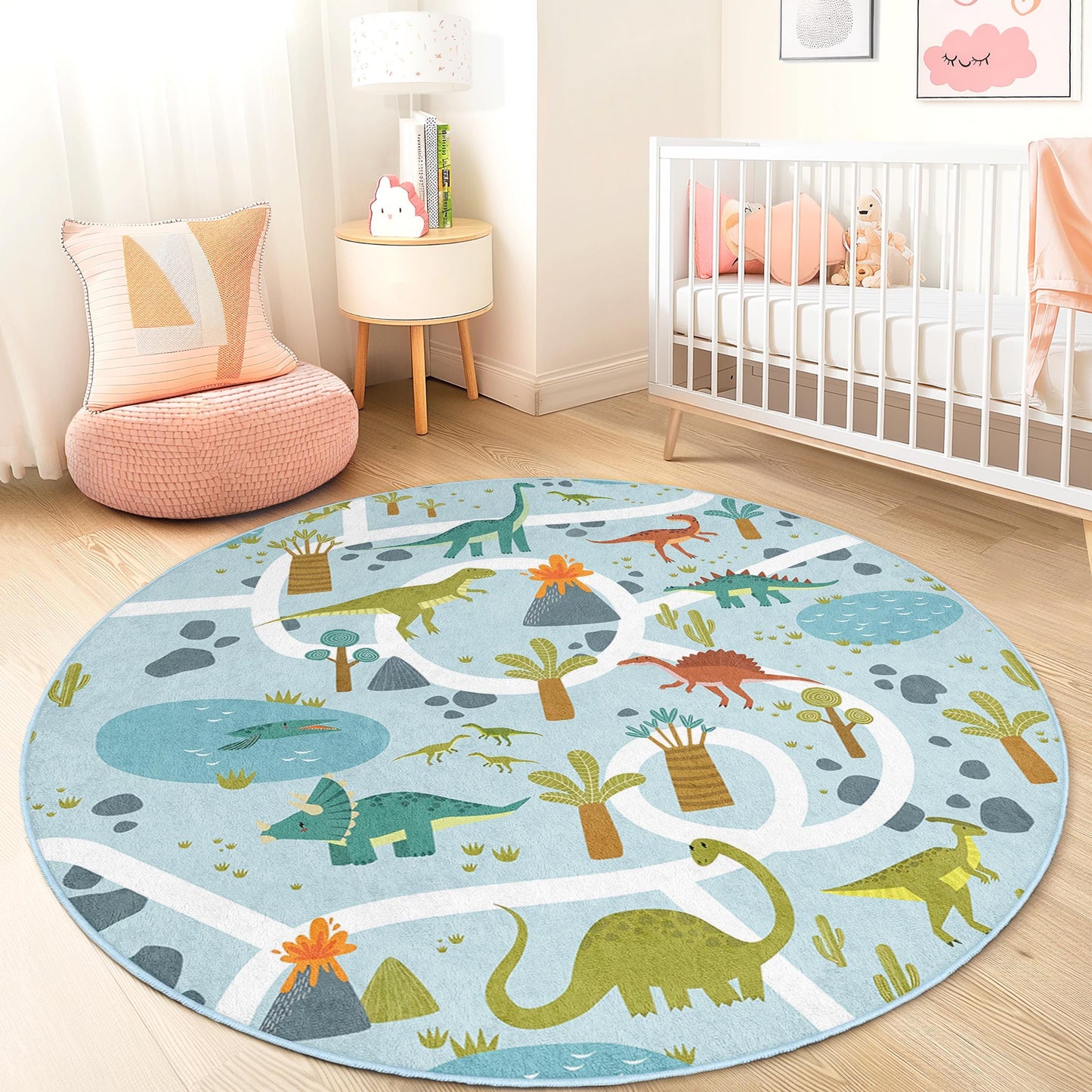 Runde Dinosaurier-Spielmatte, Kinderzimmerteppich, interaktiver Dino-Teppich, weiche Spielmatte für Spielzimmer und Kinderzimmerdekoration