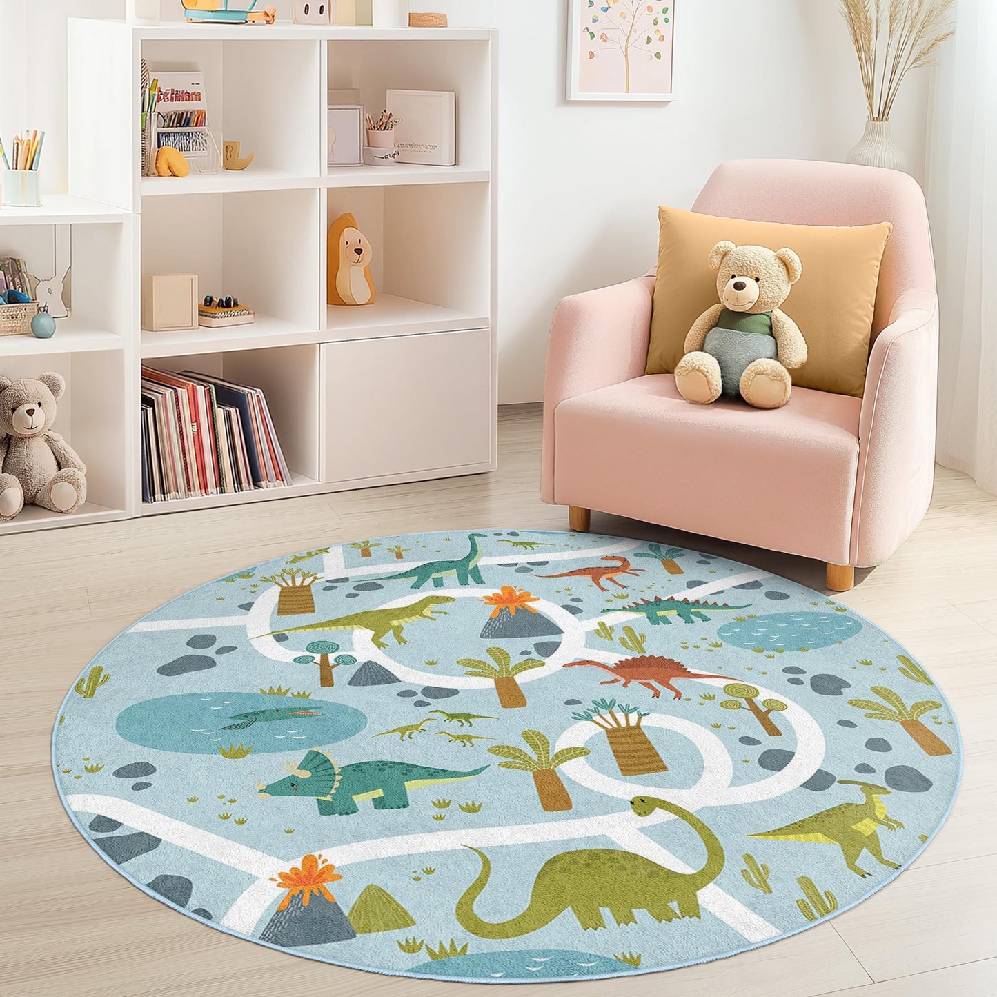 Runde Dinosaurier-Spielmatte, Kinderzimmerteppich, interaktiver Dino-Teppich, weiche Spielmatte für Spielzimmer und Kinderzimmerdekoration