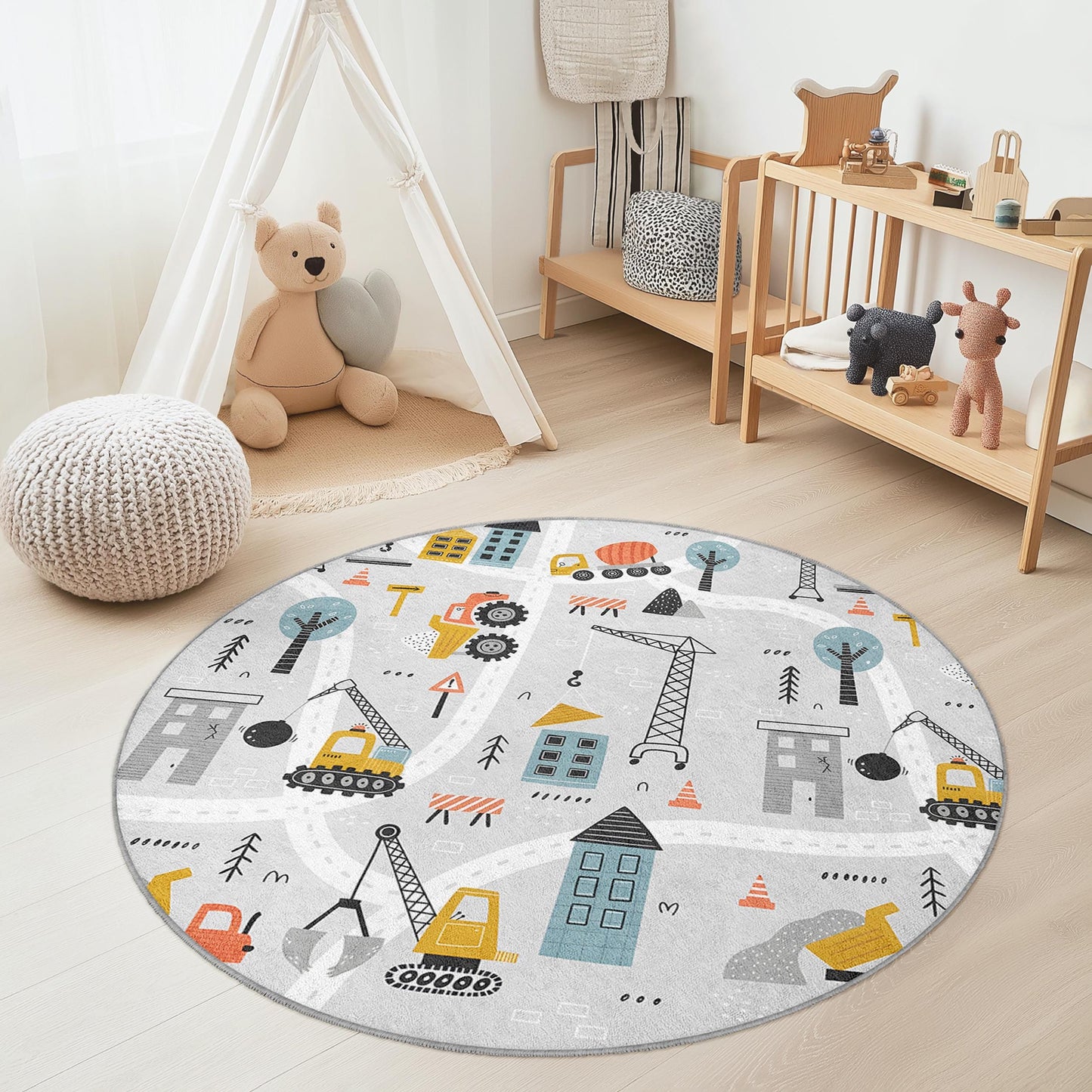 Runder Spielteppich „Baustelle“, Kinderzimmerteppich, weiche Spielmatte für Kleinkinder, Kinderzimmerdekoration, interaktiver Lernteppich