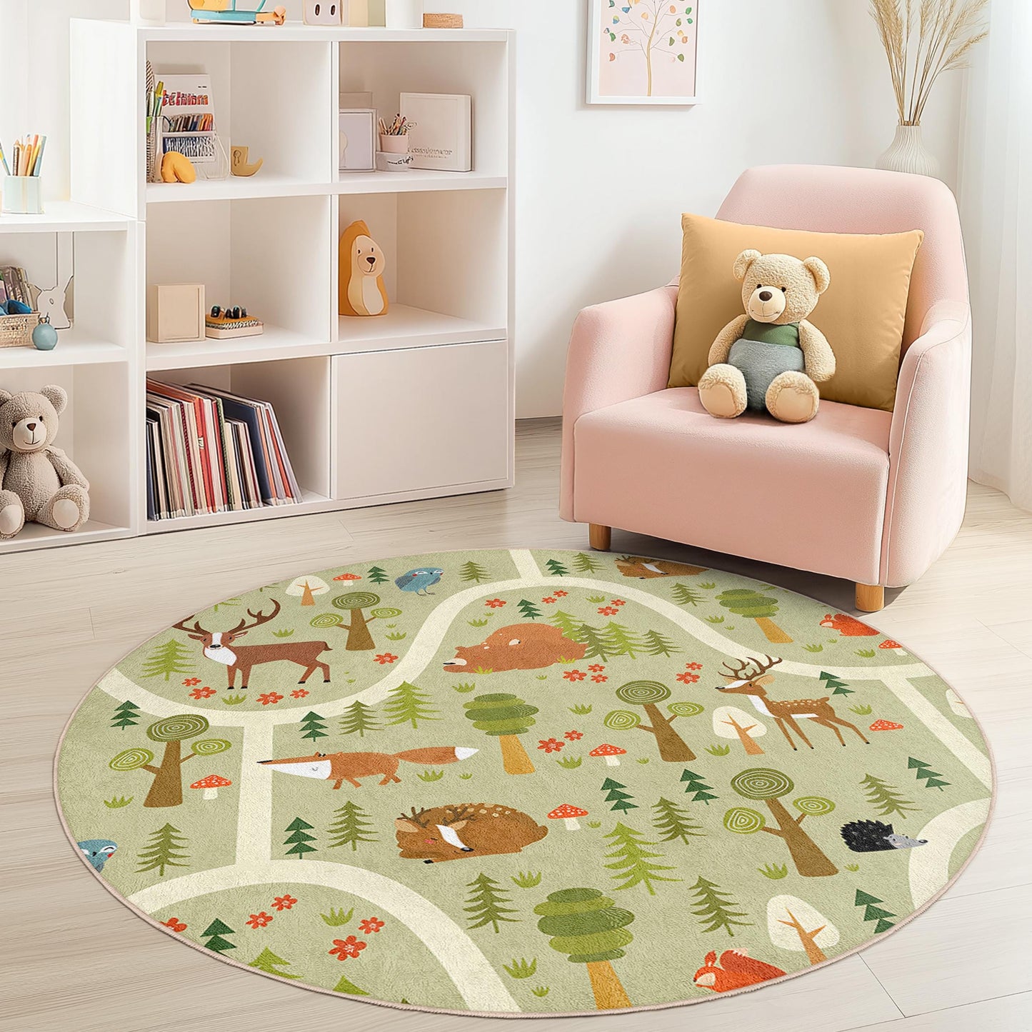 Runder Kinderteppich „Waldabenteuer“, Spielmatte mit Waldtieren, runder Teppich fürs Kinderzimmer, Kinderzimmerdeko, Teppich mit Naturmotiven