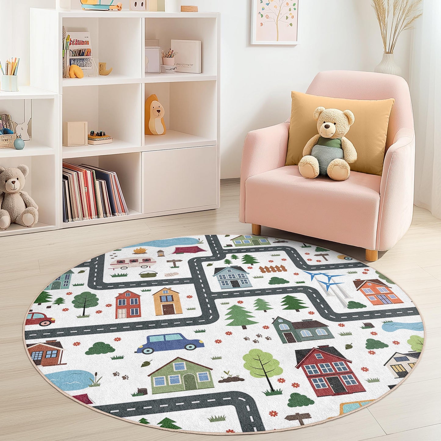 Verspielter runder Stadtplan-Kinderteppich, interaktive Spielmatte fürs Kinderzimmer, weicher Teppich fürs Spielzimmer, Kinderzimmerdeko, gemütliches Wohnaccessoire