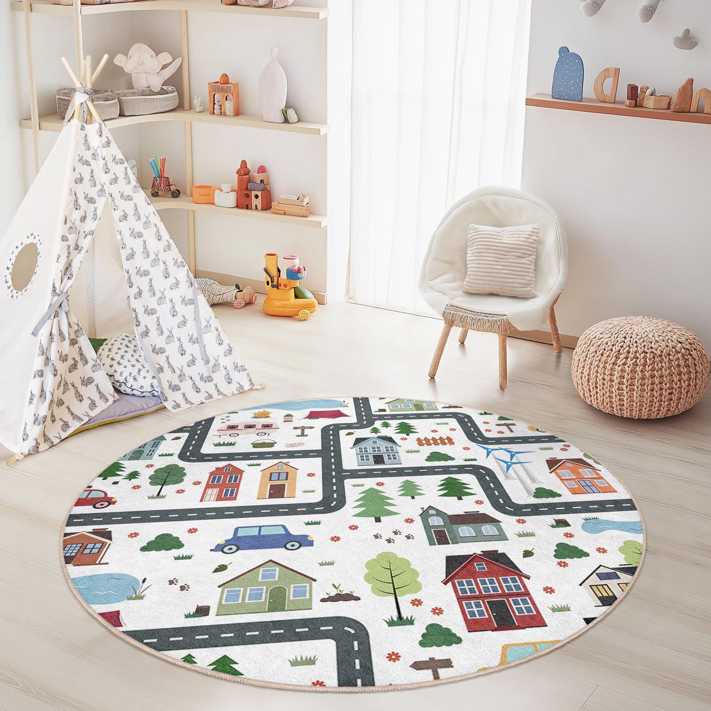 Verspielter runder Stadtplan-Kinderteppich, interaktive Spielmatte fürs Kinderzimmer, weicher Teppich fürs Spielzimmer, Kinderzimmerdeko, gemütliches Wohnaccessoire