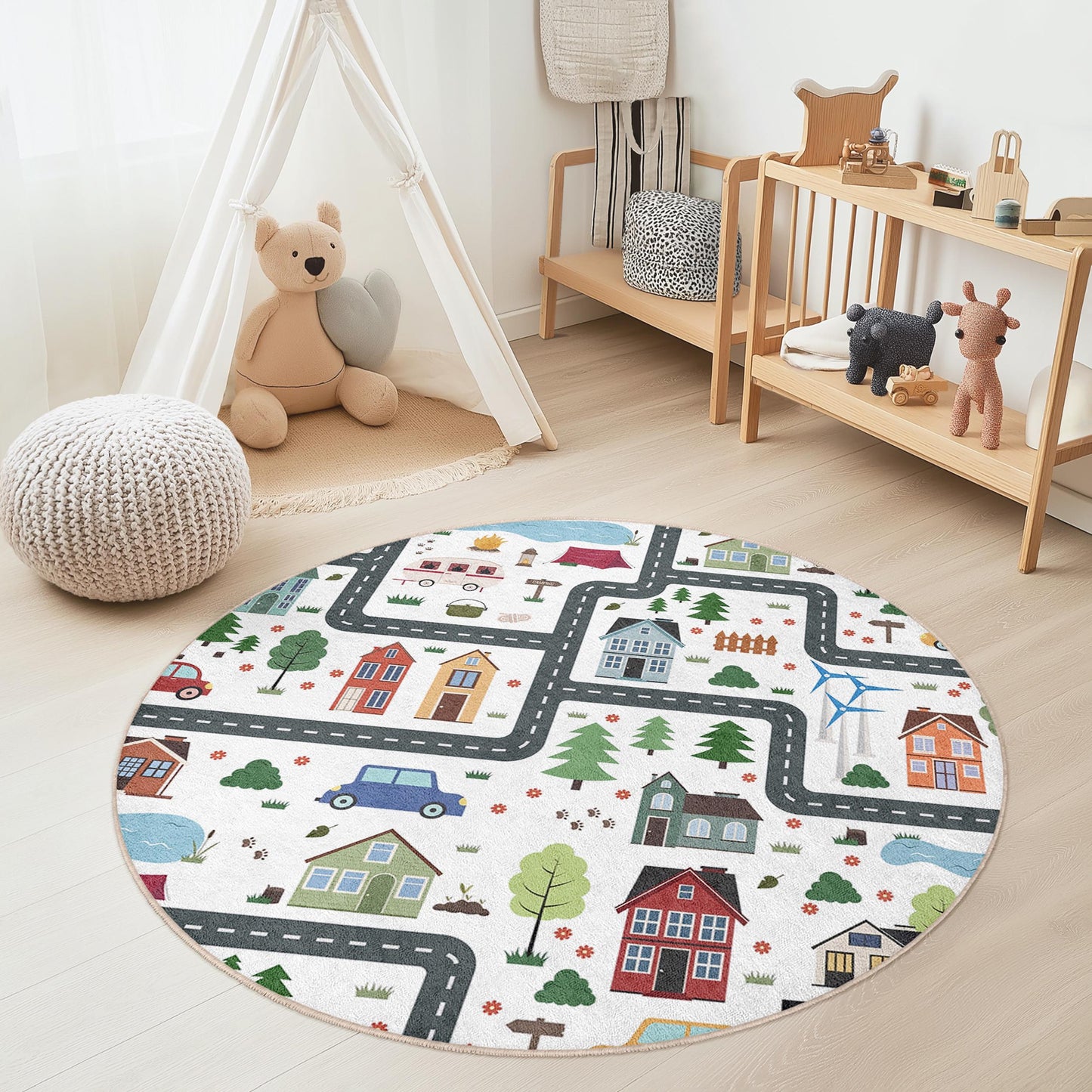 Verspielter runder Stadtplan-Kinderteppich, interaktive Spielmatte fürs Kinderzimmer, weicher Teppich fürs Spielzimmer, Kinderzimmerdeko, gemütliches Wohnaccessoire