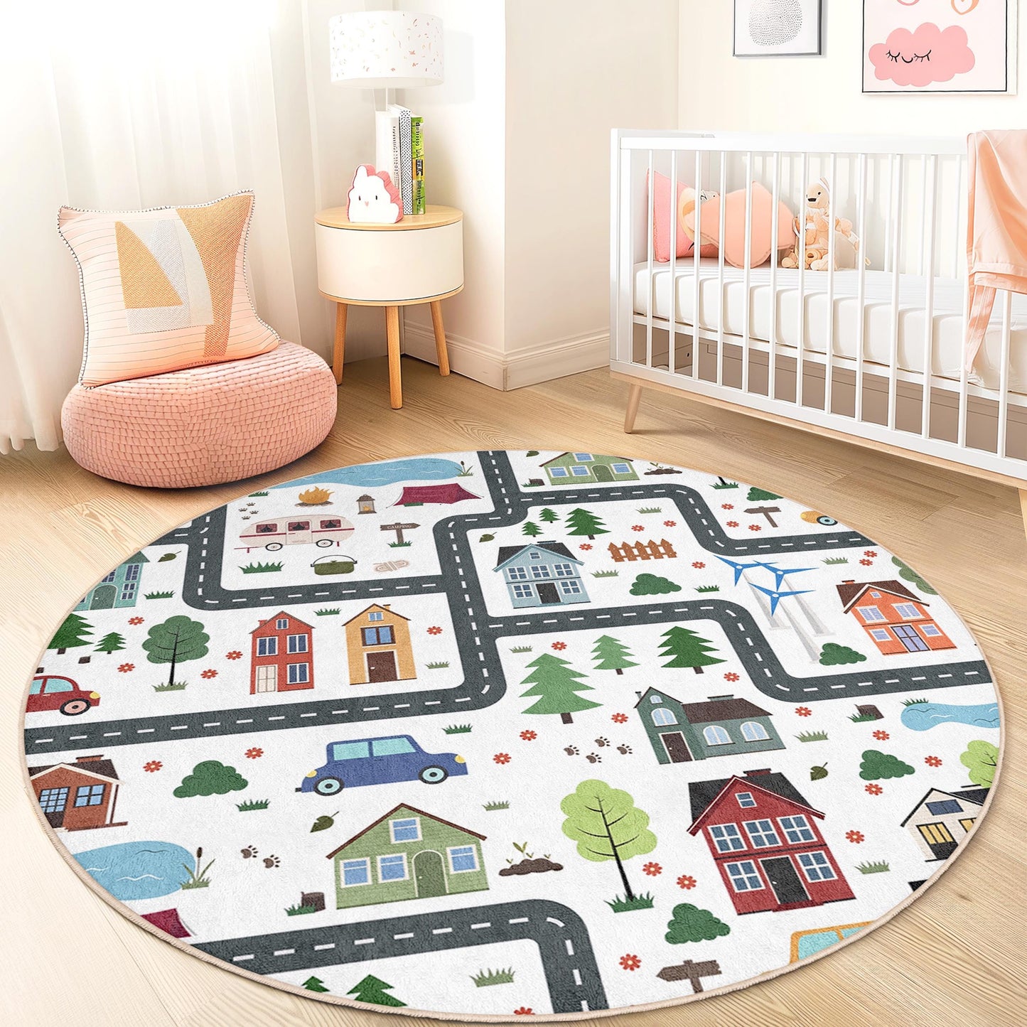 Playful Round City Map Kids Rug, Interactive Play Mat for Children's Room, Soft Carpet for Playroom, Nursery Decor, Cozy Home Accessories