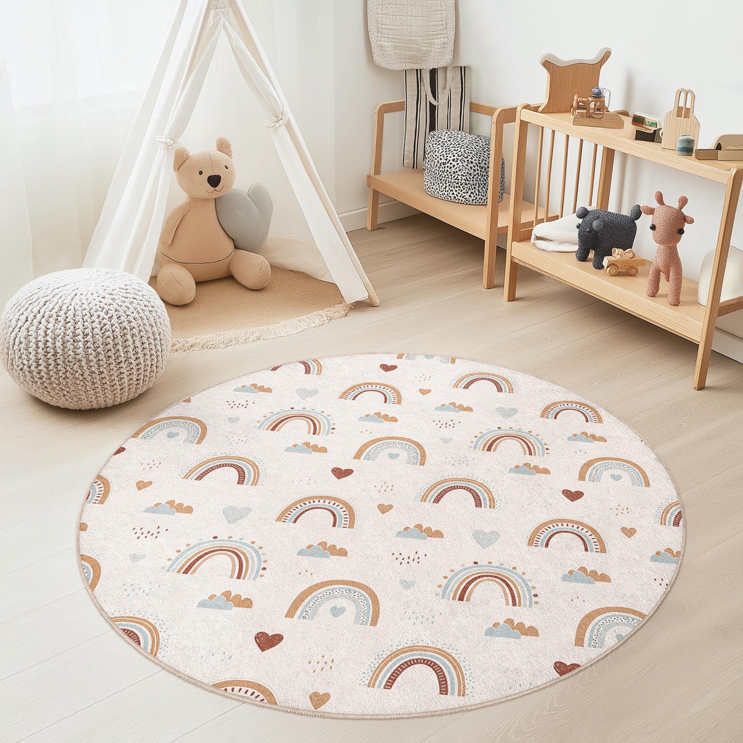 Runder Kinderteppich mit Regenbogenmuster, weicher runder Teppich fürs Kinderzimmer, Spielzimmerdeko, bunter Regenbogenteppich, niedlicher Kinderzimmerteppich