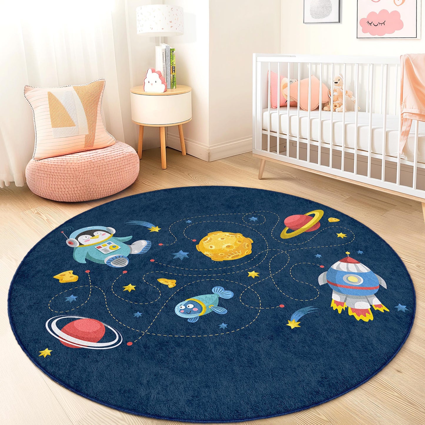 Runder Weltraum-Spielteppich für Kinder, Spielmatte mit Astronautenmotiv, Galaxie-Deko fürs Kinderzimmer, lustiger Weltraumteppich, Spielbereich im Kinderzimmer