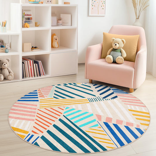 Colorful Geometric Round Area Rug, Stylish Round Rug for Kids Room, Modern Playroom Decor, Soft Round Carpet, Nursery Area Rug